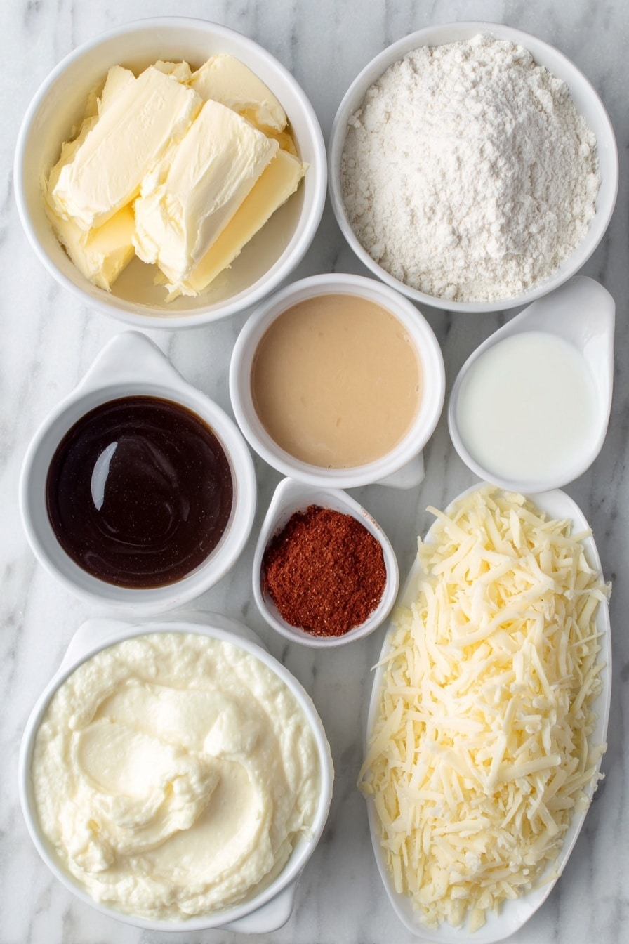 Flat lay of two tablespoons of fresh golden butter, a small white bowl of fine white flour, a small white bowl filled with amber-colored beer, a small white bowl of whole milk, a small white bowl of smooth pale yellow Dijon mustard, a small white bowl containing dark brown Worcestershire sauce, a small white bowl with vibrant red smoked paprika powder, a white ceramic plate with a neat pile of freshly shredded sharp cheddar and smoked gouda cheese halves, a small white bowl holding coarse sea salt, and a small white bowl of cracked black peppercorns placed on a clean white marble surface, soft natural light, photo taken with an iPhone, professional food photography style, fresh ingredients, white ceramic bowls, no bottles, no duplicates, no utensils, no packaging --ar 2:3 --v 7 --p m7354615311229779997 - Beer Cheese Dip, cheesy beer dip, easy party dip, homemade cheese dip, game day appetizer