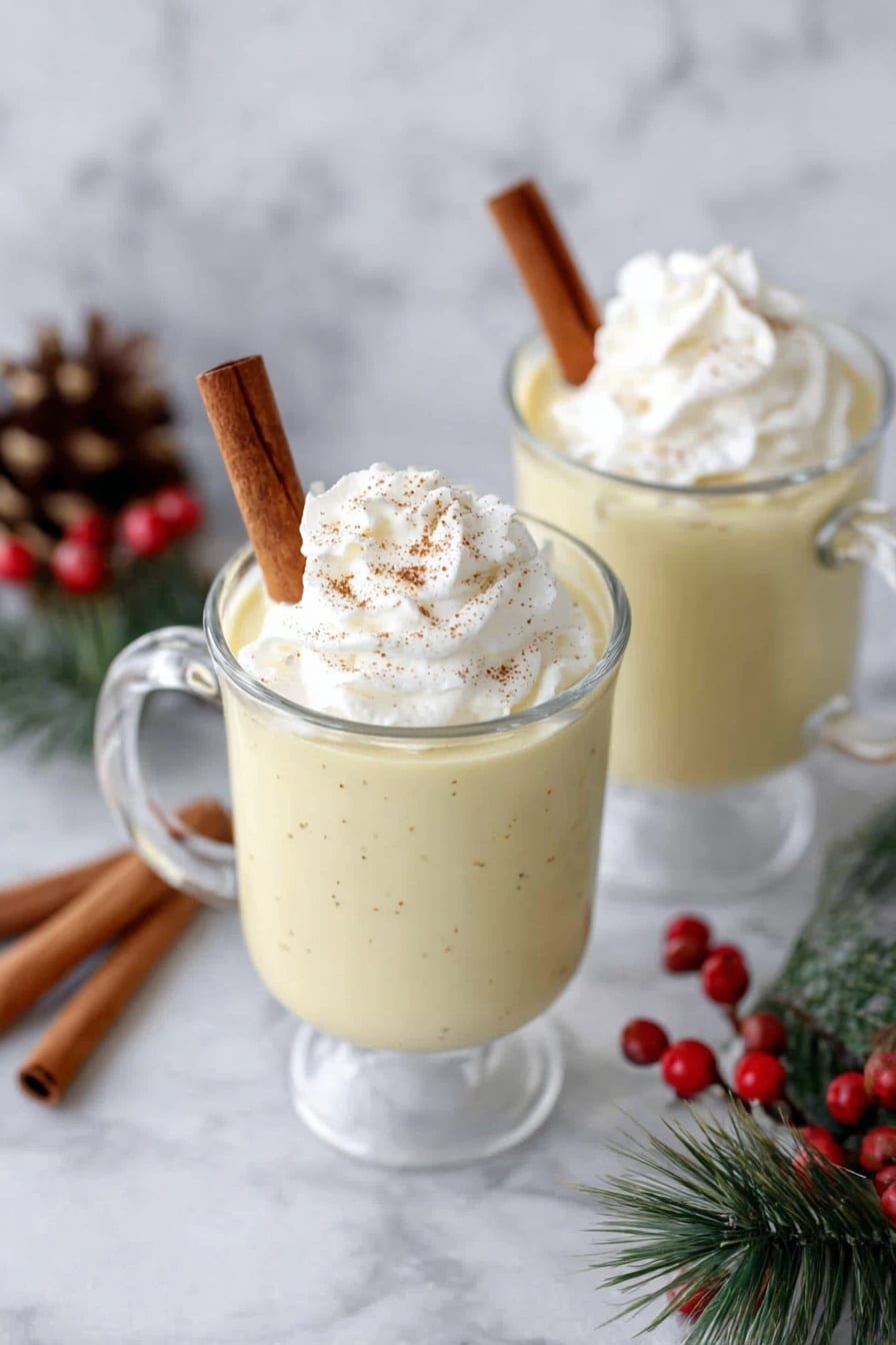 Two clear glass mugs sit on a white marbled surface, each filled with a creamy pale yellow liquid that has tiny specks visible inside. On top of each drink is a swirl of white whipped cream, lightly textured with soft peaks. A single brown cinnamon stick is placed upright in the whipped cream in each mug. Around the mugs, cinnamon sticks, a pinecone, green pine branches, and red berries add a festive touch to the scene. Photo taken with an iphone --ar 2:3 --v 7 - Homemade Creamy Eggnog, homemade eggnog, festive eggnog, creamy holiday drinks, easy eggnog recipe