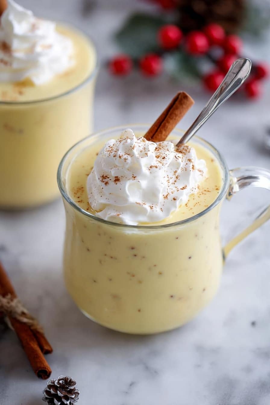 The image shows a creamy light yellow drink in a clear glass cup. It has three visible layers: the bottom layer is the smooth yellow drink with light brown specks, in the middle there is a dollop of white whipped cream, and the top has a small cinnamon stick placed standing in the drink. A silver spoon holding some of the yellow drink is lifted above the whipped cream. Another glass with the same drink is visible softly in the background. The setting is a white marbled surface with some out-of-focus small red berries and a pine cone nearby. photo taken with an iphone --ar 2:3 --v 7 - Homemade Creamy Eggnog, homemade eggnog, festive eggnog, creamy holiday drinks, easy eggnog recipe
