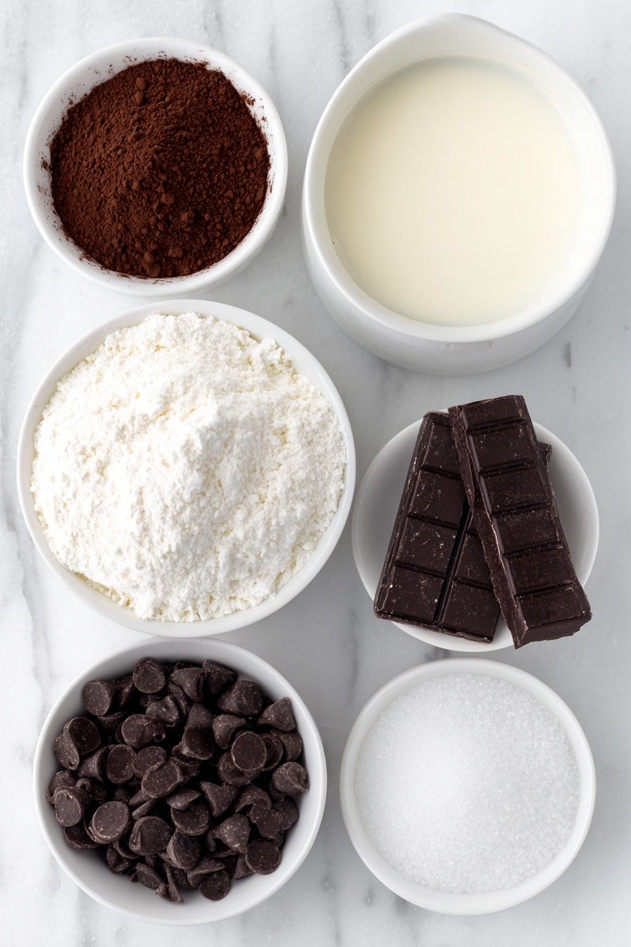 Flat lay of a small white ceramic bowl filled with fresh whole milk, a small white ceramic bowl with fine unsweetened cocoa powder, a small white ceramic bowl containing granulated white sugar, a small white ceramic bowl holding glossy bittersweet chocolate chips, and a small white ceramic bowl with a clear vanilla extract liquid, all arranged in perfect symmetry and balanced proportions, placed on a clean white marble surface, soft natural light, photo taken with an iPhone, professional food photography style, fresh ingredients, white ceramic bowls, no bottles, no duplicates, no utensils, no packaging --ar 2:3 --v 7 --p m7354615311229779997 - Creamy Homemade Hot Chocolate, rich hot chocolate recipe, easy hot chocolate, velvety hot cocoa, homemade hot chocolate drink