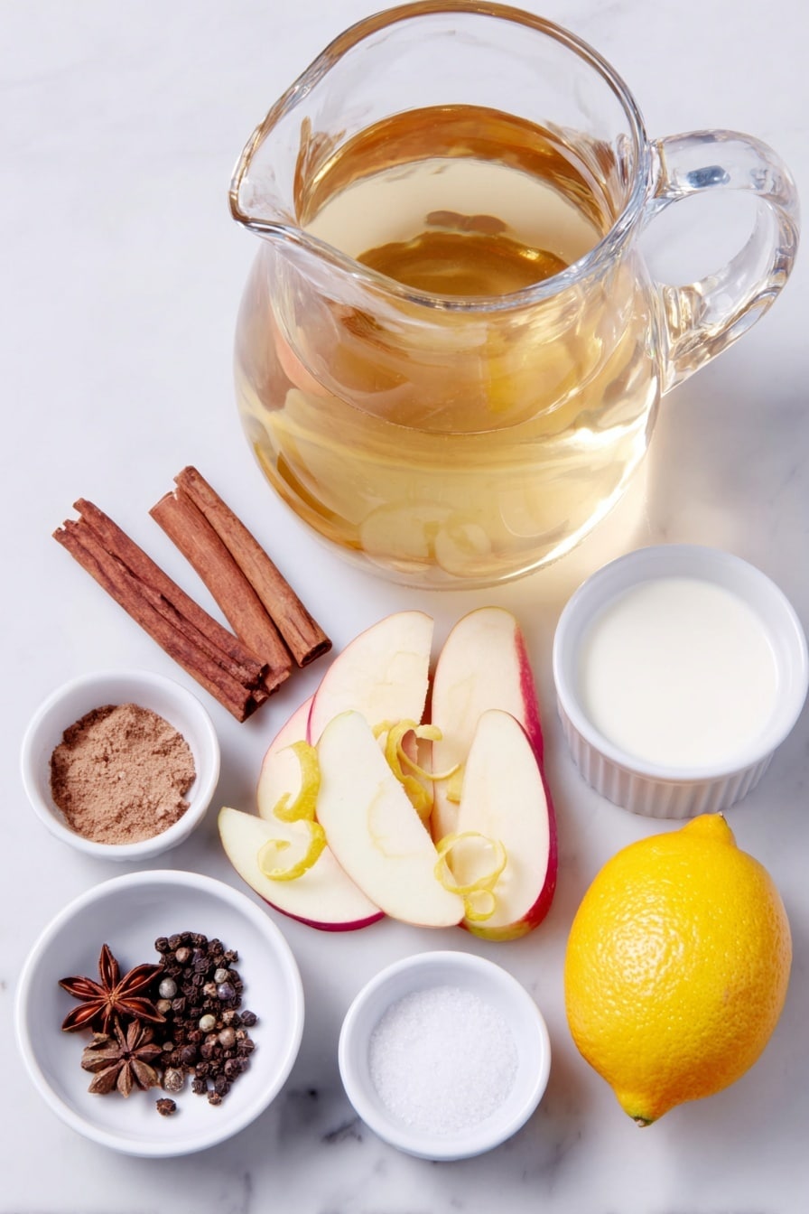 Flat lay of a large glass pitcher filled with golden apple cider, a small white ceramic bowl of maple syrup, a small white ceramic bowl with chilled heavy cream, a fresh whole lemon with a few thin curls of yellow zest, a fresh whole orange split into bright orange segments and separate zest curls, a few crisp apple slices, four deep brown cinnamon sticks, a small white ceramic bowl containing whole cloves, a small white ceramic bowl with allspice berries, a small white ceramic bowl with cardamom pods, a fresh ginger root sliced into thin rounds, a small white ceramic bowl with whole black peppercorns, a single star anise pod, a small white ceramic bowl with ground cinnamon, a small white ceramic bowl with coarse brown sugar, a small white ceramic bowl with vanilla extract, and a small white ceramic bowl with a pinch of sea salt, all arranged symmetrically and balanced, placed on a clean white marble surface, soft natural light, photo taken with an iPhone, professional food photography style, fresh ingredients, white ceramic bowls, no bottles, no duplicates, no utensils, no packaging --ar 2:3 --v 7 --p m7354615311229779997 - Spiced Hot Apple Cider, warm apple cider with spices, cozy fall beverages, homemade hot apple cider, festive seasonal drinks