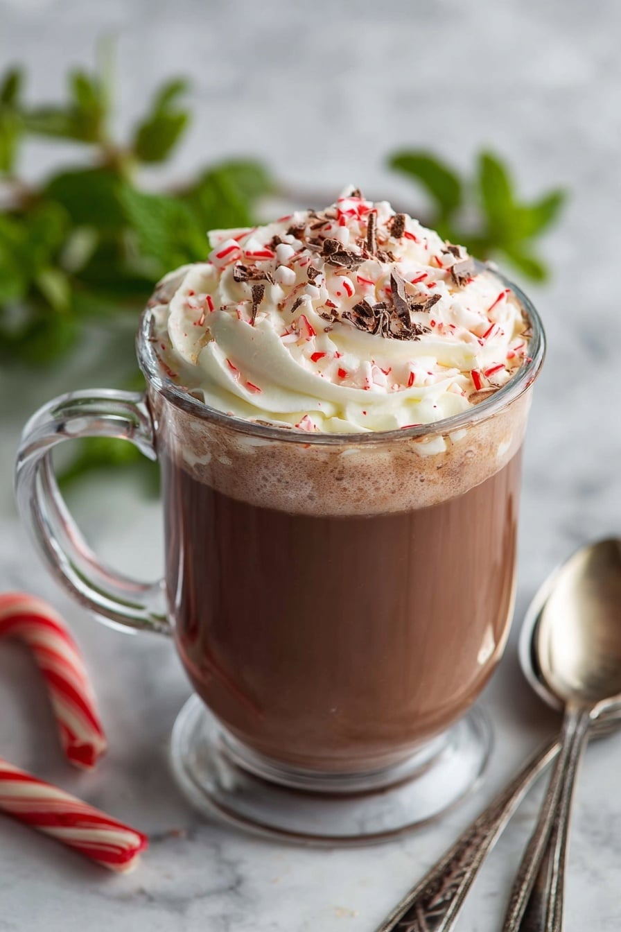 A clear glass mug filled with three layers: at the bottom, a smooth dark brown hot chocolate; in the middle, a lighter brown frothy layer mixing slightly into the hot chocolate; on top, a swirl of white whipped cream with small red and white pieces of crushed candy sprinkled over, along with thin chocolate shavings scattered. The mug sits on a white marbled surface, with some green mint leaves and red and white candy canes blurred in the background, plus two old-fashioned silver spoons resting beside the mug. photo taken with an iphone --ar 2:3 --v 7 - Peppermint Mocha Coffee Drink, festive coffee drinks, homemade peppermint mocha, easy mocha recipes, holiday coffee beverages