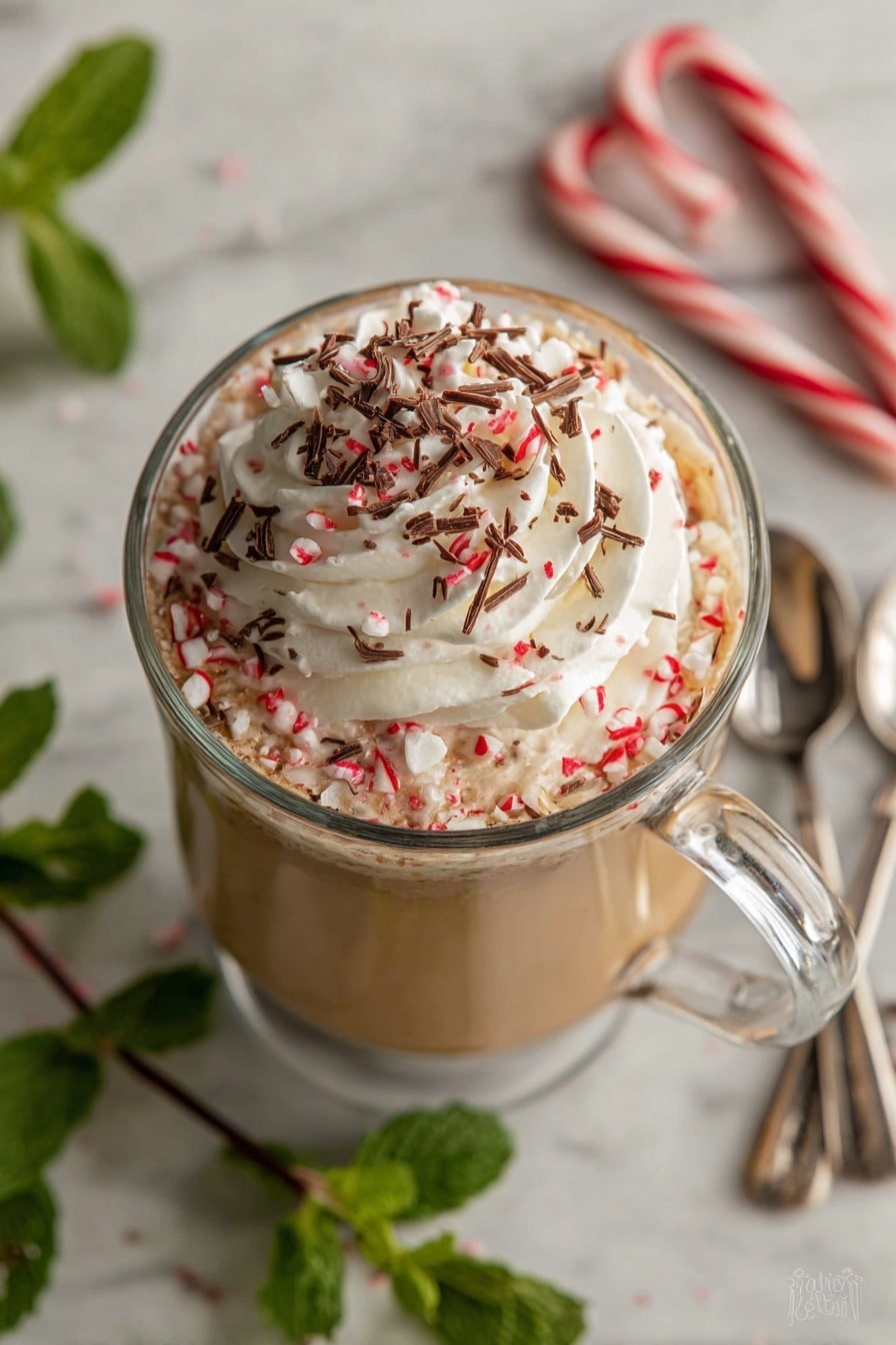 A clear glass mug filled with three layers: the bottom layer is creamy light brown, the middle is whipped white cream swirled into a peak, and the top is sprinkled with small red and white candy pieces and thin dark chocolate shavings. The mug is placed on a white marbled surface with silver spoons and fresh green mint leaves nearby. In the background, two red-and-white candy sticks are partially visible. Photo taken with an iphone --ar 2:3 --v 7 - Peppermint Mocha Coffee Drink, festive coffee drinks, homemade peppermint mocha, easy mocha recipes, holiday coffee beverages