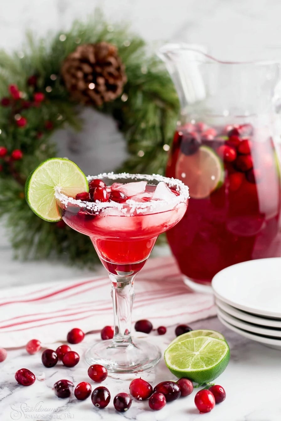 A clear tall margarita glass with a salted rim holds a bright red drink with ice cubes floating inside. On the rim, there is a slice of green lime and three small red berries. The glass sits on a white marbled surface, scattered with whole red and dark red berries. Behind the glass, a large clear glass pitcher contains the same red drink with floating lime slices and berries. A stack of plain white plates is placed next to the pitcher. To the left, there is a green pine wreath decorated with pine cones and red berries, resting on a white cloth with red stripes. Photo taken with an iphone --ar 2:3 --v 7 - Festive Cranberry Margarita, holiday cranberry cocktail, Christmas margarita, winter holiday drinks, cranberry tequila cocktail