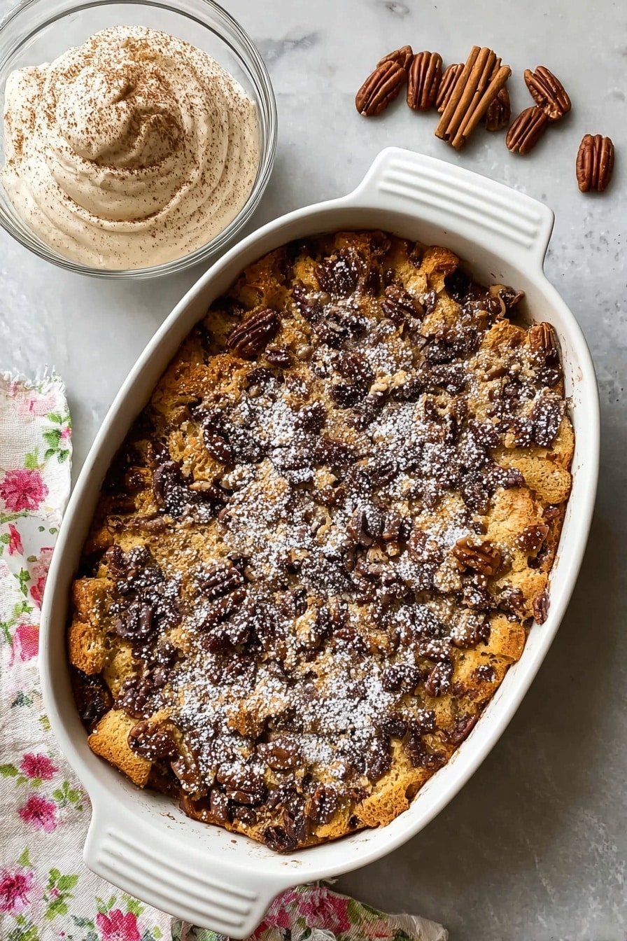 The dish is a baked dessert in a white oval ceramic dish with handles on both ends. It has a rough, golden brown top layer covered with chunks of baked pieces and scattered dark brown pecan halves and bits. The surface is dusted lightly with white powdered sugar, adding a soft contrast to the textured, uneven baked top. The dish sits on a white marbled surface next to a round glass bowl filled with a light brown whipped topping sprinkled lightly with cinnamon, and a floral cloth napkin is partially visible beneath the dish. Photo taken with an iphone --ar 2:3 --v 7 - Overnight Maple Cinnamon French Toast Bake, Breakfast casserole with brioche, Make-ahead brunch recipes, Cinnamon and maple breakfast ideas, Easy overnight French toast