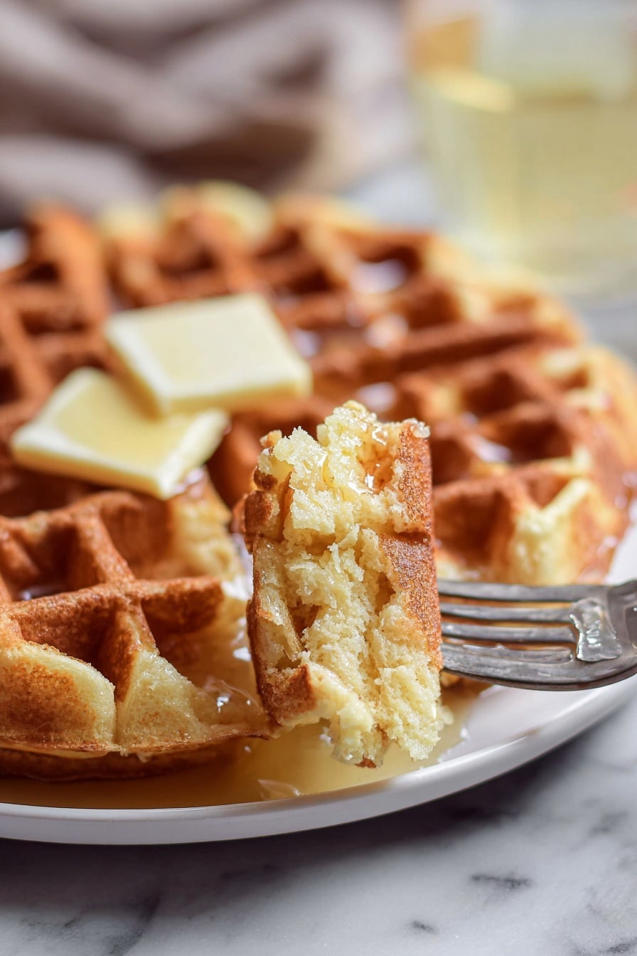 A close-up view of a golden brown waffle served on a white plate, with the waffle divided into several square sections. One section is lifted by a metal fork in the foreground, showing a soft and fluffy inside texture coated with melted butter that has a shiny, slightly sticky look. In the back, a small square piece of butter sits on top of the waffle, partially melted and glistening. The whole scene is set on a white marbled surface with a blurred background that includes a glass of light-colored liquid, creating a warm and cozy feeling. Photo taken with an iphone --ar 2:3 --v 7 - Eggnog Waffles with Nutmeg, Holiday Eggnog Waffles, Festive Breakfast Recipes, Christmas Waffles, Winter Brunch Ideas