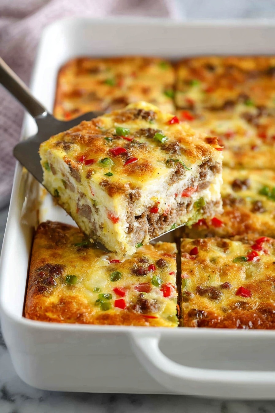 The image shows a white rectangular baking dish filled with a baked, golden brown casserole cut into square pieces. The top layer is lightly browned with visible small red and green vegetable bits and browned meat mixed inside. One square piece is being lifted out with a metal spatula, showing a thick, firm texture with evenly spread ingredients throughout. The white baking dish rests on a white marbled surface. Photo taken with an iphone --ar 2:3 --v 7 - Sausage and Egg Breakfast Casserole, breakfast casserole with sausage and eggs, easy breakfast casserole, hearty breakfast bake, make-ahead breakfast recipes