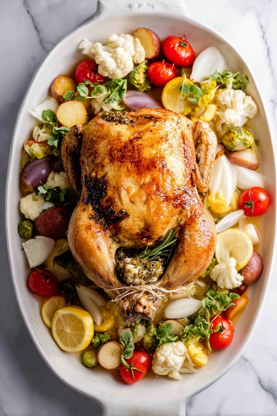 A whole roasted chicken with golden brown and crispy skin sits at the center of a large white oval plate. The chicken is stuffed with herbs and tied at the legs with string. Around the chicken, there are roasted vegetables including small red cherry tomatoes, white cauliflower florets, chopped green broccoli, sliced white onions, and halved small red and yellow potatoes. Lemon slices with bright yellow skin are placed under and beside the chicken and vegetables, adding pops of color. Some fresh green herb sprigs sit on top of the vegetables. The plate is set on a white marbled surface. Photo taken with an iphone --ar 2:3 --v 7 - Maple Butter Roast Chicken, flavorful roast chicken, easy roasted chicken recipe, juicy baked chicken, maple glaze chicken