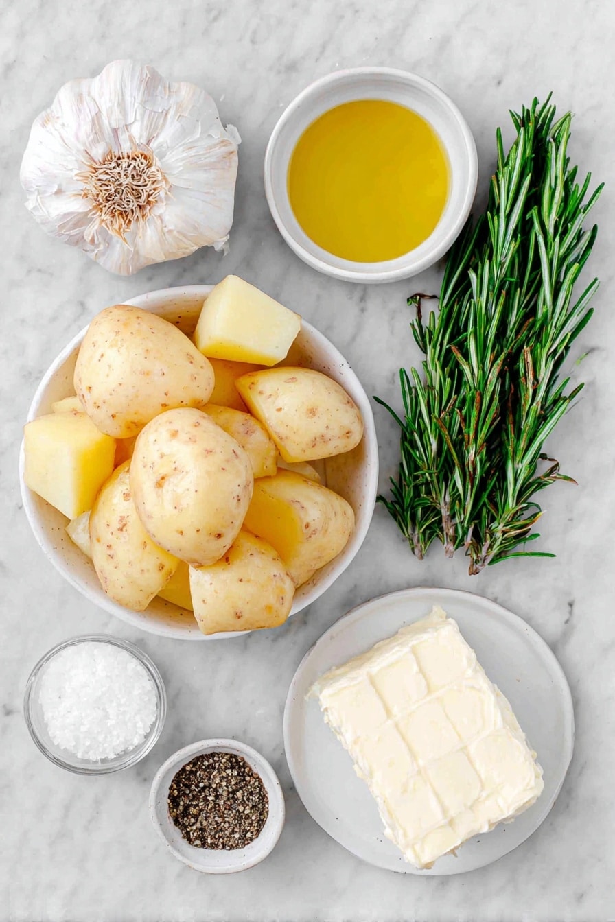 Flat lay of a whole garlic bulb with its top sliced off, a small white ceramic bowl filled with golden extra virgin olive oil, a few rustic Yukon gold potatoes with smooth yellow skin, a small white dish containing coarse sea salt crystals, a small white bowl of freshly ground black pepper, a small slab of creamy butter on a plain white ceramic plate, and a handful of fresh green chopped chives and a sprig of rosemary arranged neatly, placed on a clean white marble surface, soft natural light, photo taken with an iPhone, professional food photography style, fresh ingredients, white ceramic bowls, no bottles, no duplicates, no utensils, no packaging --ar 2:3 --v 7 --p m7354615311229779997 - Creamy Roasted Garlic Mashed Potatoes, garlic mashed potatoes, roasted garlic mashed potatoes, creamy side dish recipes, savory mashed potato ideas