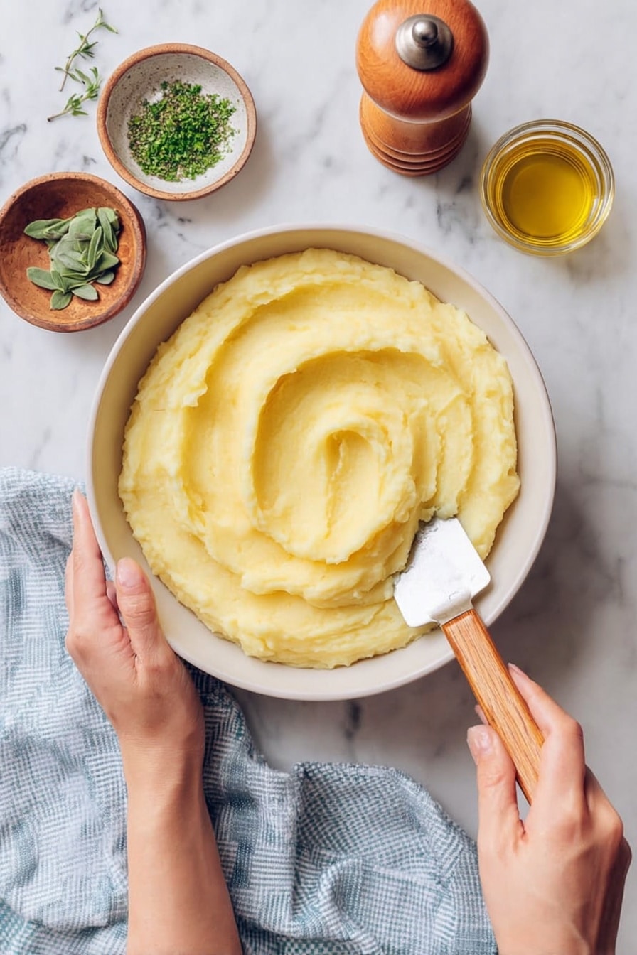 The image shows a white bowl filled with smooth, creamy mashed potatoes that have a light yellow color and soft texture. The mashed potatoes are spread evenly with gentle swirls on the surface, held by a woman's left hand from the bottom while a woman's right hand stirs with a spatula that has a wooden handle and a flat metal blade. Around the bowl, there are small bowls with green herbs and a jar of golden olive oil, along with a wooden pepper grinder and a light blue checkered cloth on a white marbled surface. photo taken with an iphone --ar 2:3 --v 7 - Creamy Roasted Garlic Mashed Potatoes, garlic mashed potatoes, roasted garlic mashed potatoes, creamy side dish recipes, savory mashed potato ideas