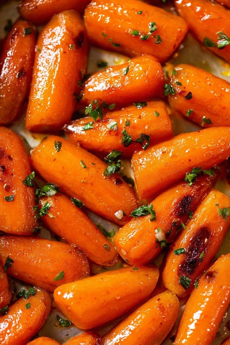 The image shows many cooked baby carrots spread out close together on a shiny light surface. Each carrot piece is bright orange with a glossy, slightly sticky texture that reflects light. Some of the carrot pieces have small bits of dark browned spots from cooking, and green chopped herbs are scattered over the carrots, adding contrast. The overall look is warm and fresh, with the carrots filling the frame fully. photo taken with an iphone --ar 2:3 --v 7 - Brown Sugar Roasted Carrots, roasted carrot side dish, caramelized carrots recipe, sweet savory roasted carrots, easy veggie side dishes
