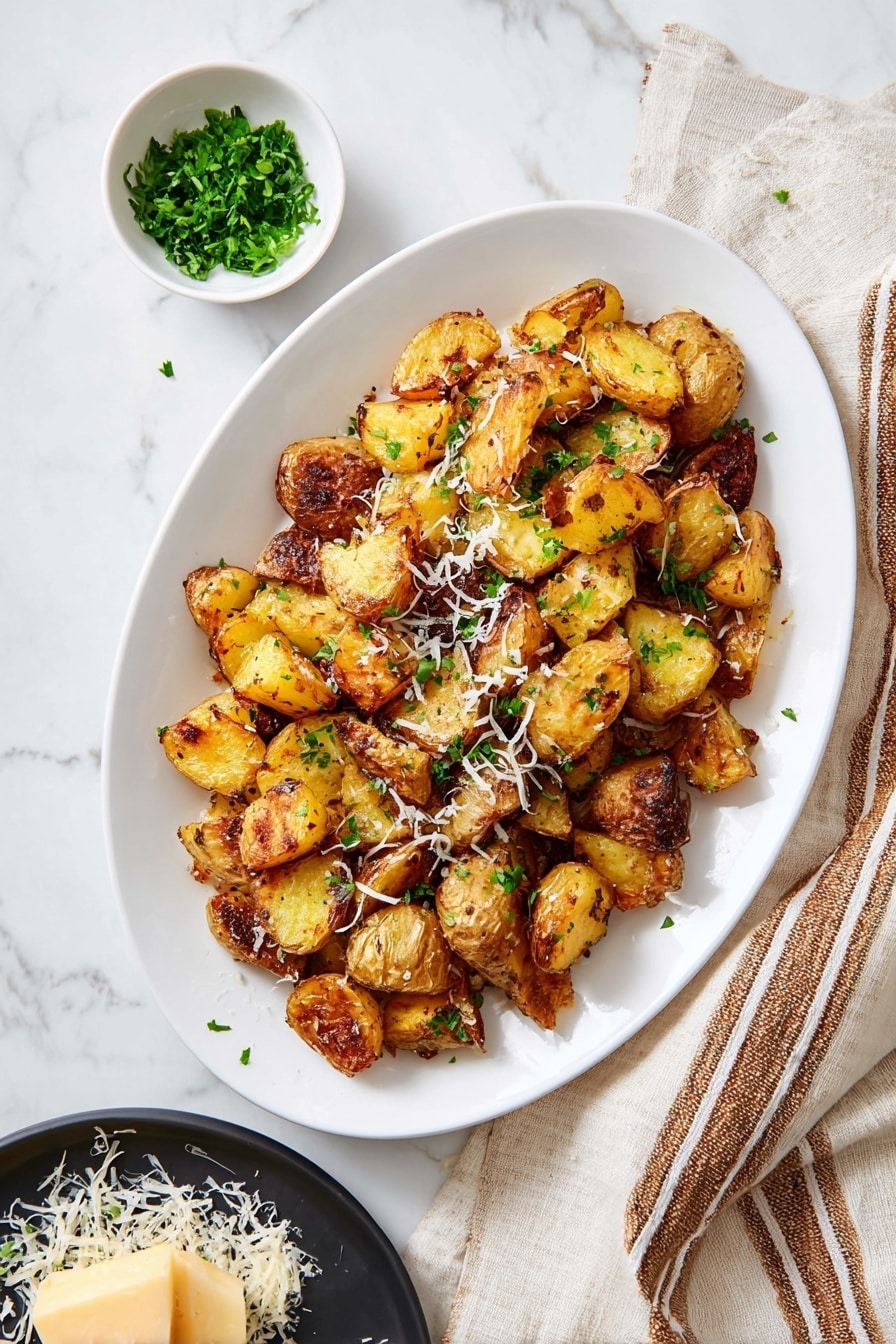 A white oval plate filled with golden roasted potato pieces that have a crispy brown outer layer and soft yellow inside, scattered green chopped herbs on top, and thin white shreds of cheese sprinkled across the potatoes. Above and beside the plate, a small white bowl holds more chopped green herbs, while a black round dish below shows a block of hard cheese with shredded pieces around it. The whole scene is set on a white marbled surface with a beige and brown striped cloth partially visible on the right. photo taken with an iphone --ar 2:3 --v 7 - Garlic Rosemary Roasted Potatoes, crispy roasted potatoes, flavorful potato side dish, easy roasted potatoes, herb roasted potato recipe