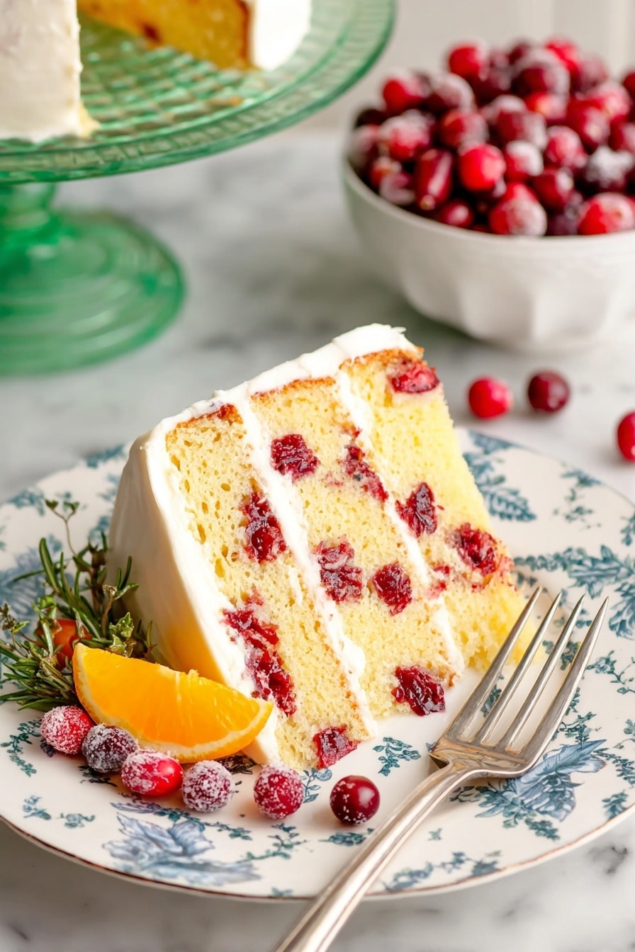 A three-layer cake slice sits on a white plate with blue floral designs, each yellow layer fluffy and studded with bright red cranberries. Between the cake layers is smooth white frosting, also covering the outside evenly. On the plate beside the slice, there are fresh cranberries, a small orange slice, and a few green herb sprigs. A silver fork rests on the plate, pointing diagonally toward the cake. In the background, there is a white bowl full of fresh cranberries and part of a cake on a green glass stand. The scene is set on a white marbled surface. Photo taken with an iphone --ar 2:3 --v 7 - Cranberry Orange Cake, Cranberry Orange Cake with Cream Cheese Frosting, Festive citrus cranberry cake, Easy holiday cranberry cake, Moist cranberry orange dessert