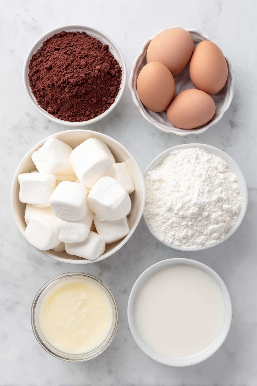 Flat lay of a small white ceramic bowl of unsweetened cocoa powder, a small white ceramic bowl of smooth sweetened condensed milk, a white ceramic bowl filled with large fluffy marshmallows, four whole uncracked brown eggs, a simple white ceramic bowl holding fresh whole milk, all arranged with perfect symmetry and balanced proportions, placed on a clean white marble surface, soft natural light, photo taken with an iPhone, professional food photography style, fresh ingredients, white ceramic bowls, no bottles, no duplicates, no utensils, no packaging --ar 2:3 --v 7 --p m7354615311229779997 - Creamy Hot Chocolate with Marshmallows, hot chocolate recipes, comforting hot chocolate, homemade hot chocolate, chocolate drink with marshmallows