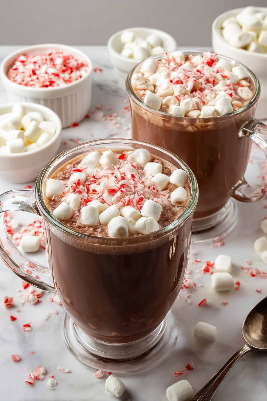 Two clear glass mugs filled with rich brown hot chocolate, each topped with a thick layer of small white marshmallows and crushed red and white peppermint pieces. The mugs have clear handles and are placed on a white marbled surface scattered with small marshmallows and crushed peppermint bits. In the background, a small white ramekin holds more peppermint pieces, and another white ramekin contains marshmallows. A silver spoon lies near the front on the right side. The overall setting is bright with soft lighting highlighting the smooth texture of the hot chocolate and the fluffy marshmallows. photo taken with an iphone --ar 2:3 --v 7 - Creamy Hot Chocolate with Marshmallows, hot chocolate recipes, comforting hot chocolate, homemade hot chocolate, chocolate drink with marshmallows