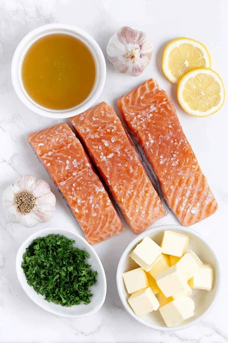 Flat lay of four fresh, pink salmon fillets, two whole brown garlic cloves, a small white bowl with golden olive oil, a small white bowl filled with clear chicken broth, a small white bowl containing bright yellow fresh lemon juice, several cubes of creamy unsalted butter arranged neatly, a small white bowl holding golden honey, a small bunch of vibrant green minced fresh parsley, and a few thin, fresh lemon slices all placed on a clean white marble surface, soft natural light, photo taken with an iPhone, professional food photography style, fresh ingredients, white ceramic bowls, no bottles, no duplicates, no utensils, no packaging --ar 2:3 --v 7 --p m7354615311229779997 - Garlic Lemon Butter Salmon, garlic lemon butter salmon, quick salmon recipe, easy seafood dinner, healthy salmon dish