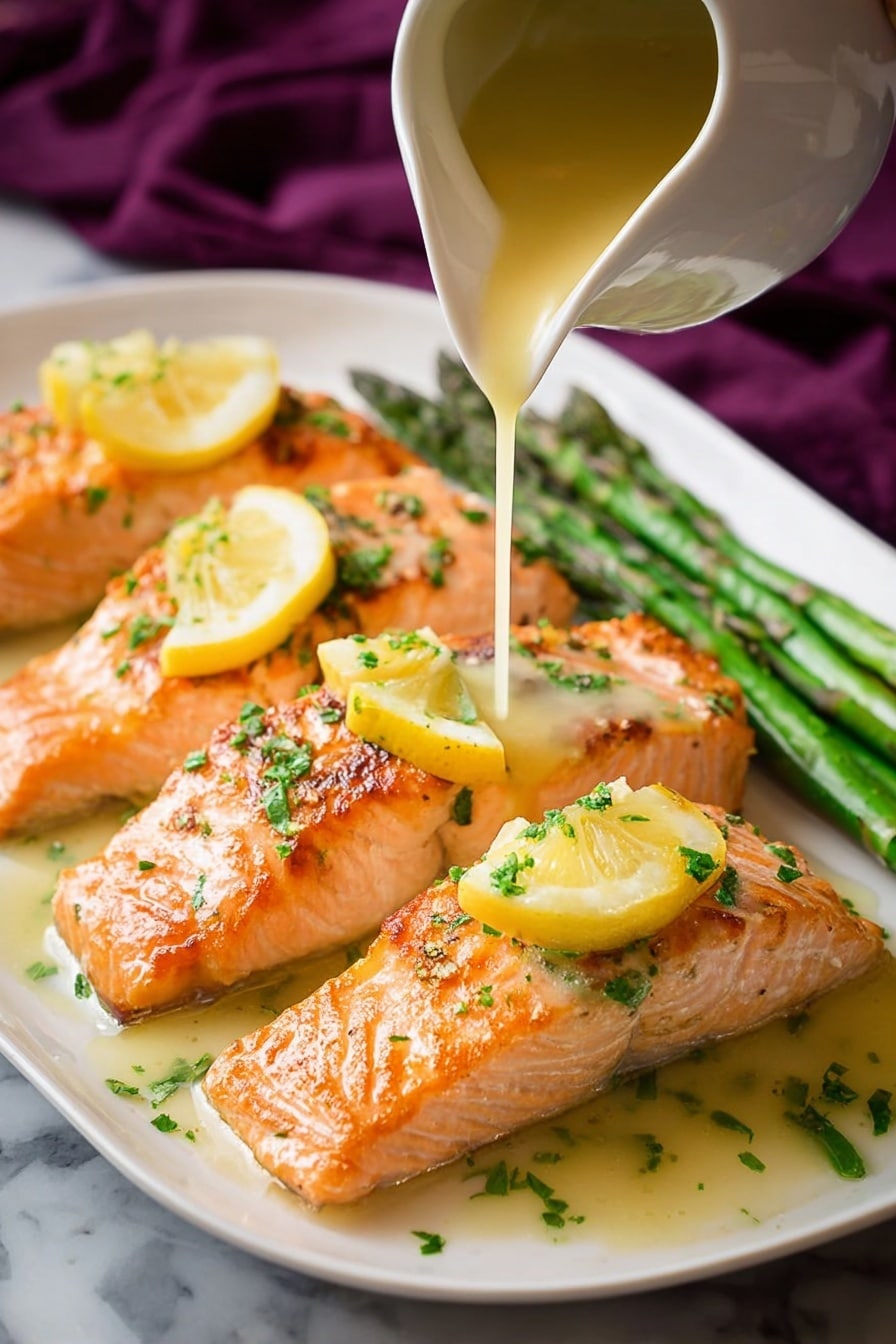 The image shows four pieces of cooked salmon with a golden-orange color and a slightly crispy texture on the top, arranged on a white plate. Each salmon piece is topped with small yellow lemon wedges and sprinkled with finely chopped green herbs. Light yellow sauce is being poured gently from a white jug over the salmon, adding a glossy shine. On the right side of the plate, a few green asparagus stalks are placed neatly. The plate sits on a white marbled surface with a blurry deep purple cloth in the background. photo taken with an iphone --ar 2:3 --v 7 - Garlic Lemon Butter Salmon, garlic lemon butter salmon, quick salmon recipe, easy seafood dinner, healthy salmon dish
