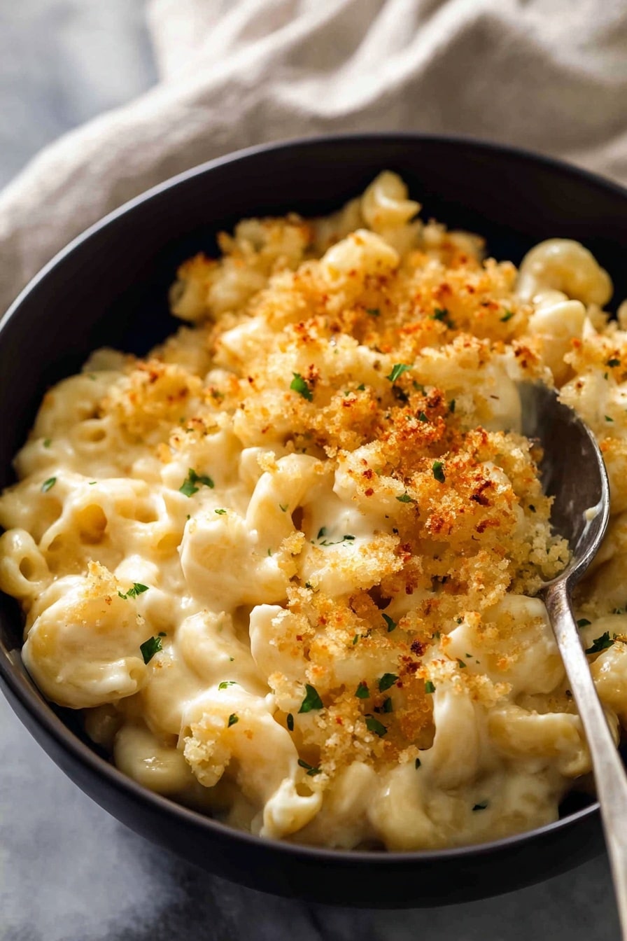A close-up of creamy macaroni and cheese in a black bowl shows small elbow pasta covered with a smooth, light yellow cheese sauce. The top layer is golden-brown toasted breadcrumbs sprinkled with tiny green herb bits, adding texture and color contrast. A silver spoon is partly inside the bowl on the right side, sinking into the cheesy pasta. The bowl sits on a white marbled surface with a soft, light-colored cloth blurred in the background. photo taken with an iphone --ar 2:3 --v 7 - Baked Mac and Cheese with Crispy Topping, cheesy baked pasta, creamy baked mac and cheese, crunchy topping mac and cheese, homemade baked mac and cheese