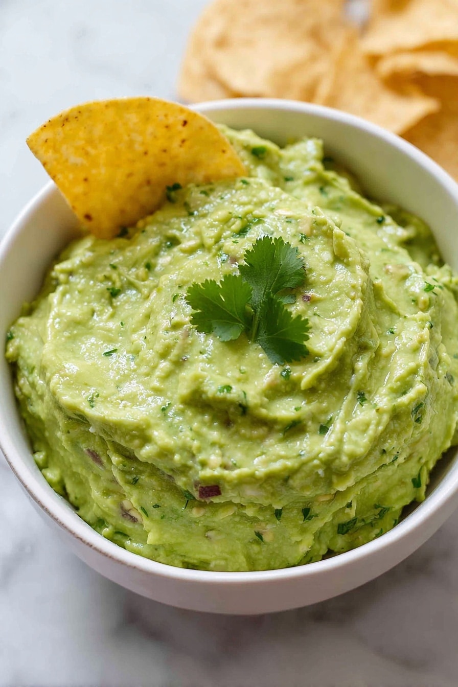 A white bowl filled with smooth, pale green guacamole that has a creamy texture and small bits of darker green herbs and red onion mixed inside. On top are three small bright green cilantro leaves for garnish. One round, lightly golden yellow tortilla chip sticks into the guacamole on the left side. The bowl sits on a white marbled surface with a few more tortilla chips blurred in the background. Photo taken with an iphone --ar 2:3 --v 7 - Quick and Creamy Guacamole, best guacamole dip, easy guacamole recipe, homemade guacamole, party dip ideas