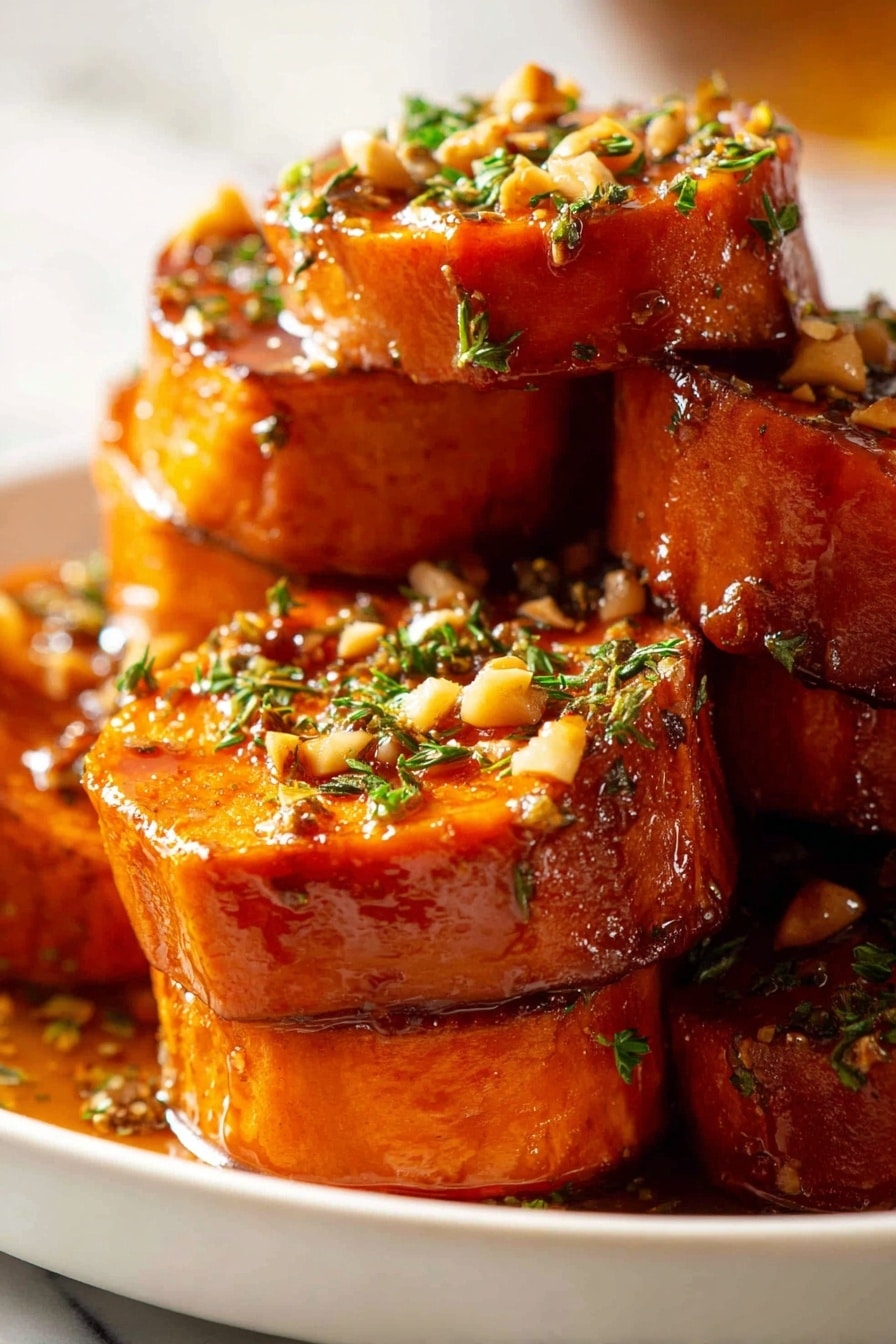 The image shows several thick, round slices of cooked sweet potato stacked on top of each other on a white plate. Each slice has a bright orange interior with a soft texture and slight caramelized edges in a deeper brown tone. The top of the stack is covered with a glossy sauce that shines in the light, and small pieces of chopped nuts and herbs are sprinkled generously over the sweet potatoes, adding a crunchy texture and green touches. The background is blurred with warm light, and the surface where the plate sits is a white marbled texture. photo taken with an iphone --ar 2:3 --v 7 - Slow-Roasted Sweet Potatoes with Maple Pecans, sweet potato side dish, caramelized sweet potatoes, maple pecans recipe, cozy fall sweet potato dish
