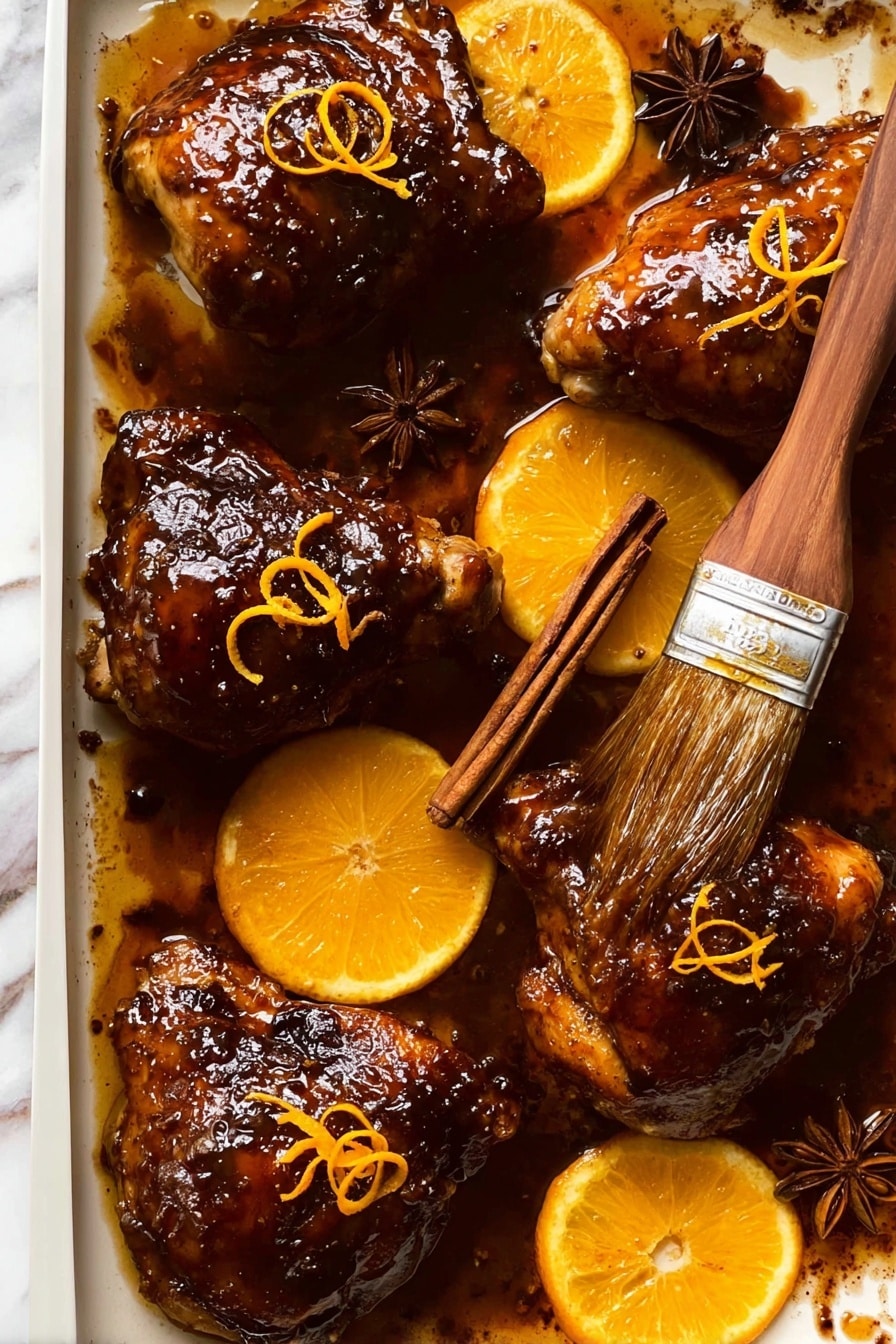The image shows a close-up of shiny, dark brown glazed chicken thighs arranged closely together on a white marbled surface. Each piece of chicken has a glossy, sticky texture with caramelized edges. Orange slices and thin strips of orange zest are placed around and on top of the chicken pieces, adding bright pops of orange color that contrast with the deep reddish-brown of the meat. The overall look is rich and appetizing, showing a balance of smooth, sticky glaze and fresh citrus elements. photo taken with an iphone --ar 2:3 --v 7 - Sticky Orange Christmas Chicken, Christmas Chicken recipes, festive holiday chicken, citrus glazed chicken, holiday main dish
