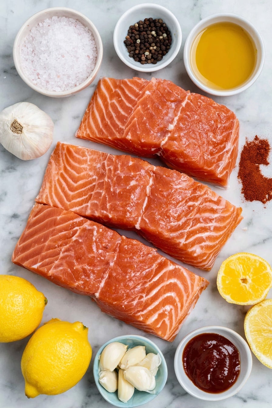 Flat lay of fresh salmon filets with vibrant pink-orange flesh, a small mound of coarse kosher salt crystals, a scattering of whole black peppercorns, a small heap of bright red smoked paprika powder, a plump knob of creamy butter, a few whole garlic cloves with papery skins removed, a small white ceramic bowl filled with golden honey, another small white bowl holding clear water, a small white bowl of dark soy sauce, a small white bowl of bright red sriracha sauce, fresh lemons halved with juicy vibrant yellow flesh and a small white bowl containing freshly squeezed lemon juice, all arranged in perfect symmetry on a clean white marble surface, soft natural light, photo taken with an iPhone, professional food photography style, fresh ingredients, white ceramic bowls, no bottles, no duplicates, no utensils, no packaging --ar 2:3 --v 7 --p m7354615311229779997 - Honey Garlic Glazed Salmon, Honey Garlic Salmon, Easy Salmon Recipes, Quick Salmon Dinner, Healthy Salmon Recipes