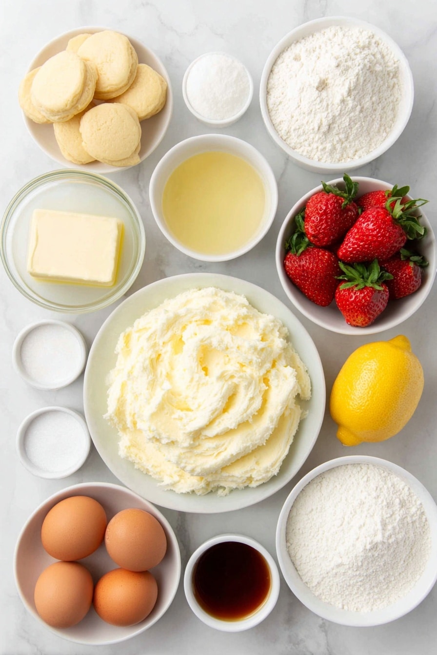 Flat lay of a small pile of plain Marie biscuits, a small white ceramic bowl with melted unsalted butter, a rounded scoop of softened cream cheese on a white ceramic plate, a small white bowl of plain flour, a few drops of vanilla extract in a white ceramic bowl, a small white bowl of full-fat sour cream, a small white bowl filled with caster sugar, a whole fresh lemon with zest grated beside it, three whole uncracked brown eggs, a cluster of fresh strawberries some halved and some diced, a small white bowl with clear lemon juice, a small white bowl of white granulated sugar, a small white bowl containing a little cornstarch, and a small white bowl with water, all arranged in perfect symmetry and balanced proportions on a clean white marble surface, soft natural light, photo taken with an iPhone, professional food photography style, fresh ingredients, white ceramic bowls, no bottles, no duplicates, no utensils, no packaging --ar 2:3 --v 7 --p m7354615311229779997 - Strawberry Cheesecake with Fresh Strawberry Sauce, easy strawberry cheesecake recipes, homemade strawberry dessert, creamy strawberry cheesecake, best strawberry cheesecake