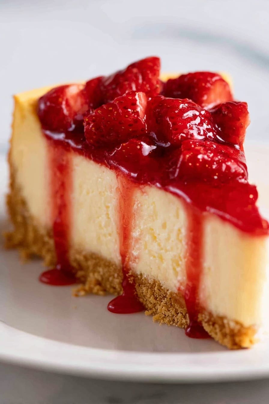 A close-up view of a slice of cheesecake with three visible layers: a crumbly light brown crust at the bottom, a thick creamy pale yellow middle layer of cheesecake, and a shiny red strawberry topping with whole strawberries and syrup dripping slightly down the sides. The cheesecake is on a white plate against a white marbled surface. Photo taken with an iphone --ar 2:3 --v 7 - Strawberry Cheesecake with Fresh Strawberry Sauce, easy strawberry cheesecake recipes, homemade strawberry dessert, creamy strawberry cheesecake, best strawberry cheesecake