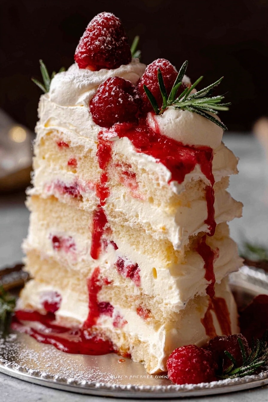 A dessert with three layers is shown, the bottom layer is a white meringue with a rough texture, topped with a thick, creamy white layer mixed with bright red raspberry sauce that looks soft and slightly shiny, decorated with small green rosemary sprigs and a few red raspberries dusted lightly with white powder. The middle layer is similar, another white meringue with some whipped cream and raspberries on top, and the top layer is a small white meringue dollop with whipped cream, one raspberry, a small rosemary sprig, all decorated with a sparkling silver star toothpick stuck into the top. A woman's hand is lifting the top layer above the dessert, and the background has warm yellow lights with a blurred effect, all set on a white marbled surface. photo taken with an iphone --ar 2:3 --v 7 - Festive Raspberry Pavlova Tree, raspberry pavlova centerpiece, holiday pavlova dessert, Christmas pavlova ideas, easy festive pavlova