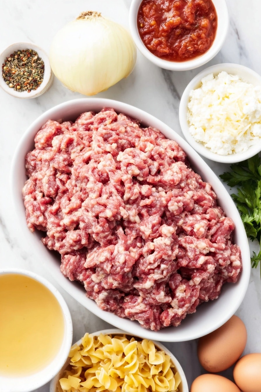 Flat lay of a mound of fresh lean ground beef, a whole yellow onion, five cloves of garlic, a small white bowl of chicken broth, a small white bowl filled with vibrant red marinara sauce, a small white bowl of bright diced tomatoes, a few dried herb sprigs representing basil, parsley, and oregano, a light scattering of red pepper flakes on white ceramic, a neat bundle of short Mafalda pasta (mini lasagna noodles), a small white bowl of creamy ricotta cheese, a small white bowl of freshly grated mozzarella cheese, whole uncracked brown eggs nearby for context, fresh sprigs of parsley, and a small white bowl with grated parmesan cheese, all ingredients fresh and natural, placed on a clean white marble surface, soft natural light, photo taken with an iPhone, professional food photography style, fresh ingredients, white ceramic bowls, no bottles, no duplicates, no utensils, no packaging --ar 2:3 --v 7 --p m7354615311229779997 - Instant Pot Lazy Lasagna, quick lasagna recipe, easy instant pot dinner, fuss-free lasagna, one-pot lasagna