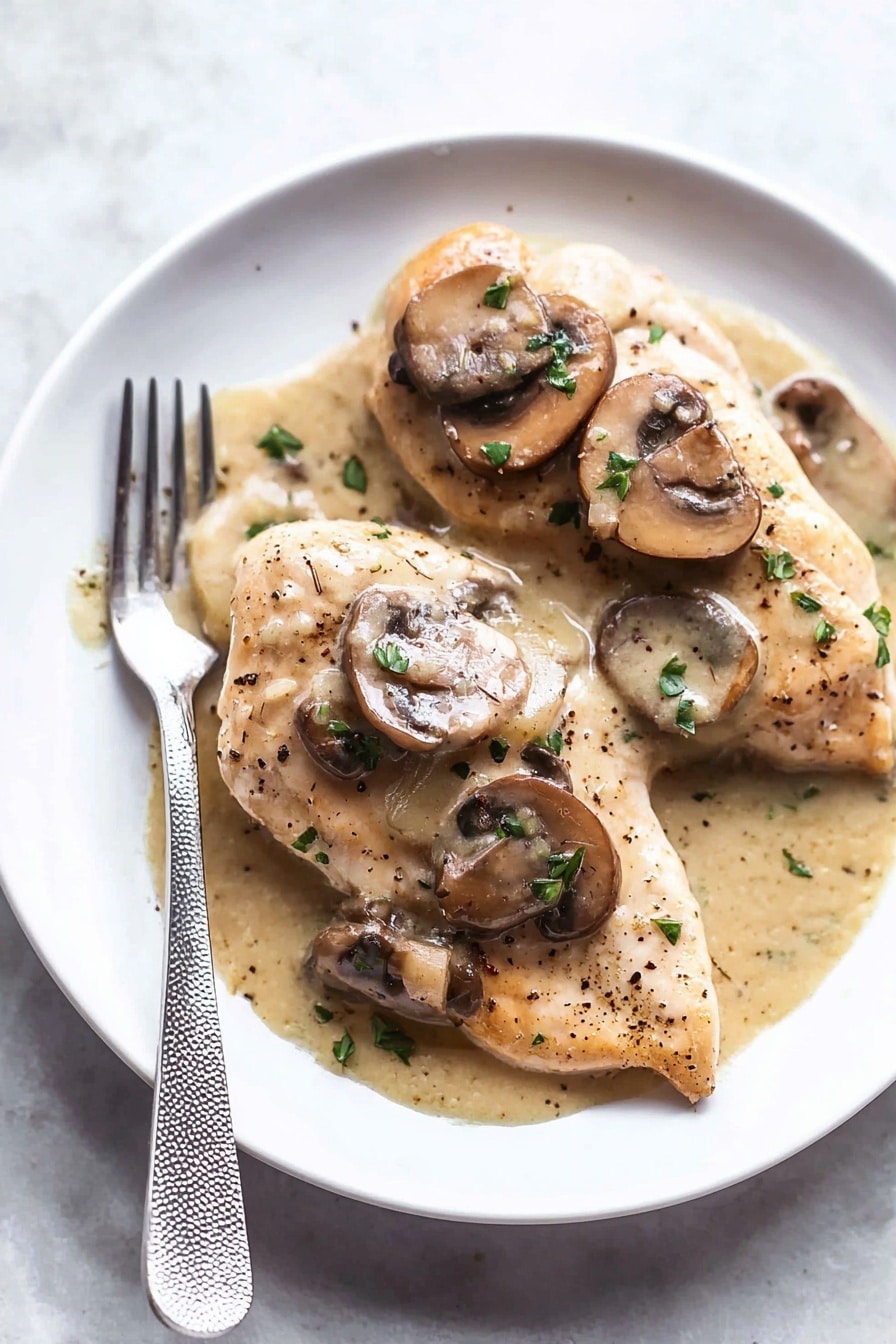 Two white plates on a white marbled surface each hold one light brown cooked chicken piece covered with a glossy mushroom sauce. The sauce is light beige with visible black pepper and small green herb sprinkles, pooled around and over the chicken. Several whole and sliced brown mushrooms rest on top and around the chicken. A silver fork with a textured handle is placed on the left side of the front plate. Small sprigs of green herbs are scattered around the plates on the surface. Photo taken with an iphone --ar 2:3 --v 7 - Instant Pot Chicken Marsala, Chicken Marsala recipe, quick chicken dinner, easy Instant Pot recipes, flavorful chicken pasta dish