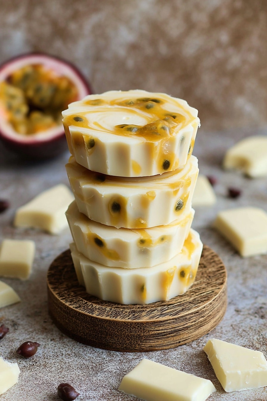 Four round white chocolate treats are stacked on top of each other on a small round carved wooden coaster. Each treat has a creamy white base with swirls of golden yellow passion fruit sauce running through it, dotted with small dark passion fruit seeds. The background shows a rough textured surface with a half passion fruit and some white chocolate pieces scattered around. The white marbled texture replaces the entire surface in the description. Photo taken with an iphone --ar 2:3 --v 7 - Mango Passionfruit White Chocolate Cups, tropical fruit desserts, no-bake mango passionfruit treats, easy white chocolate desserts, summer fruit dessert recipes