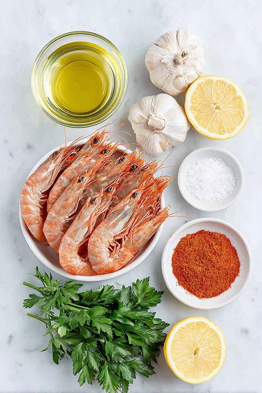 Flat lay of a small white ceramic bowl filled with golden olive oil, a cluster of fresh whole garlic cloves with papery skins intact, two dried red cayenne chillies, a pile of raw spot prawns with heads and shells on arranged neatly, a small white ceramic bowl containing bright red smoked paprika powder, a tiny pinch of coarse sea salt scattered delicately, a small white ceramic bowl holding pale golden white wine, a small bunch of fresh vibrant green parsley sprigs, and a few bright yellow lemon wedges arranged symmetrically, all placed on a clean white marble surface, soft natural light, photo taken with an iPhone, professional food photography style, fresh ingredients, white ceramic bowls, no bottles, no duplicates, no utensils, no packaging --ar 2:3 --v 7 --p m7354615311229779997 - Garlic Shrimp Skillet, Shrimp skillet recipe, quick garlic shrimp, easy seafood dinner, flavorful shrimp stir-fry