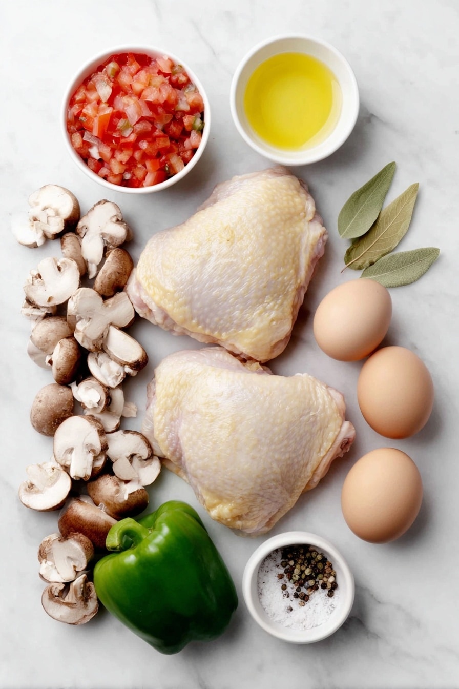 Flat lay of two whole uncracked brown chicken thighs with skin and bone, a medium yellow onion cut into large chunks, a medium red bell pepper cut into chunks, a medium green bell pepper cut into chunks, a small white ceramic bowl filled with sliced fresh brown mushrooms, a small white ceramic bowl overflowing with crushed ripe red tomatoes, a small white ceramic bowl of golden olive oil, a small white ceramic bowl with clear chicken broth, a few dried oregano leaves scattered neatly, a few dried basil leaves arranged carefully, one whole fresh bay leaf, a small white ceramic bowl with coarse sea salt, a small white ceramic bowl with cracked black pepper, and three whole uncracked brown eggs placed symmetrically, all arranged with perfect symmetry on a clean white marble surface, soft natural light, photo taken with an iPhone, professional food photography style, fresh ingredients, white ceramic bowls, no bottles, no duplicates, no utensils, no packaging --ar 2:3 --v 7 --p m7354615311229779997 - Instant Pot Chicken Cacciatore, easy Instant Pot chicken dinner, quick chicken cacciatore recipe, Italian chicken recipes, one-pot chicken dishes