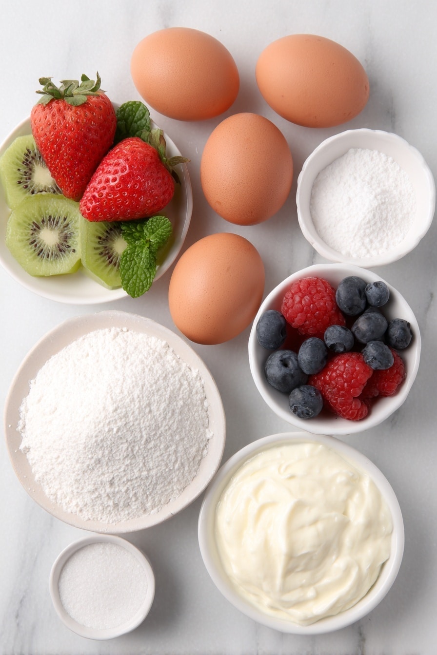 Flat lay of six large whole uncracked eggs with clean shells, a small white ceramic bowl of fine caster sugar, a small white ceramic bowl containing white wine vinegar, a small white ceramic bowl with white cornflour powder, a small white ceramic bowl filled with thick double cream, a small white ceramic bowl holding vanilla bean paste, a simple white ceramic plate with an assortment of fresh fruit including strawberries, blueberries, kiwi slices, and pomegranate seeds, fresh bright green mint leaves scattered neatly on a white ceramic dish, and a small white ceramic bowl with sifted icing sugar, placed on a clean white marble surface, soft natural light, photo taken with an iPhone, professional food photography style, fresh ingredients, white ceramic bowls, no bottles, no duplicates, no utensils, no packaging --ar 2:3 --v 7 --p m7354615311229779997 - Christmas Pavlova Wreath, festive meringue dessert, holiday fruit tart, Christmas showstopper, easy holiday dessert