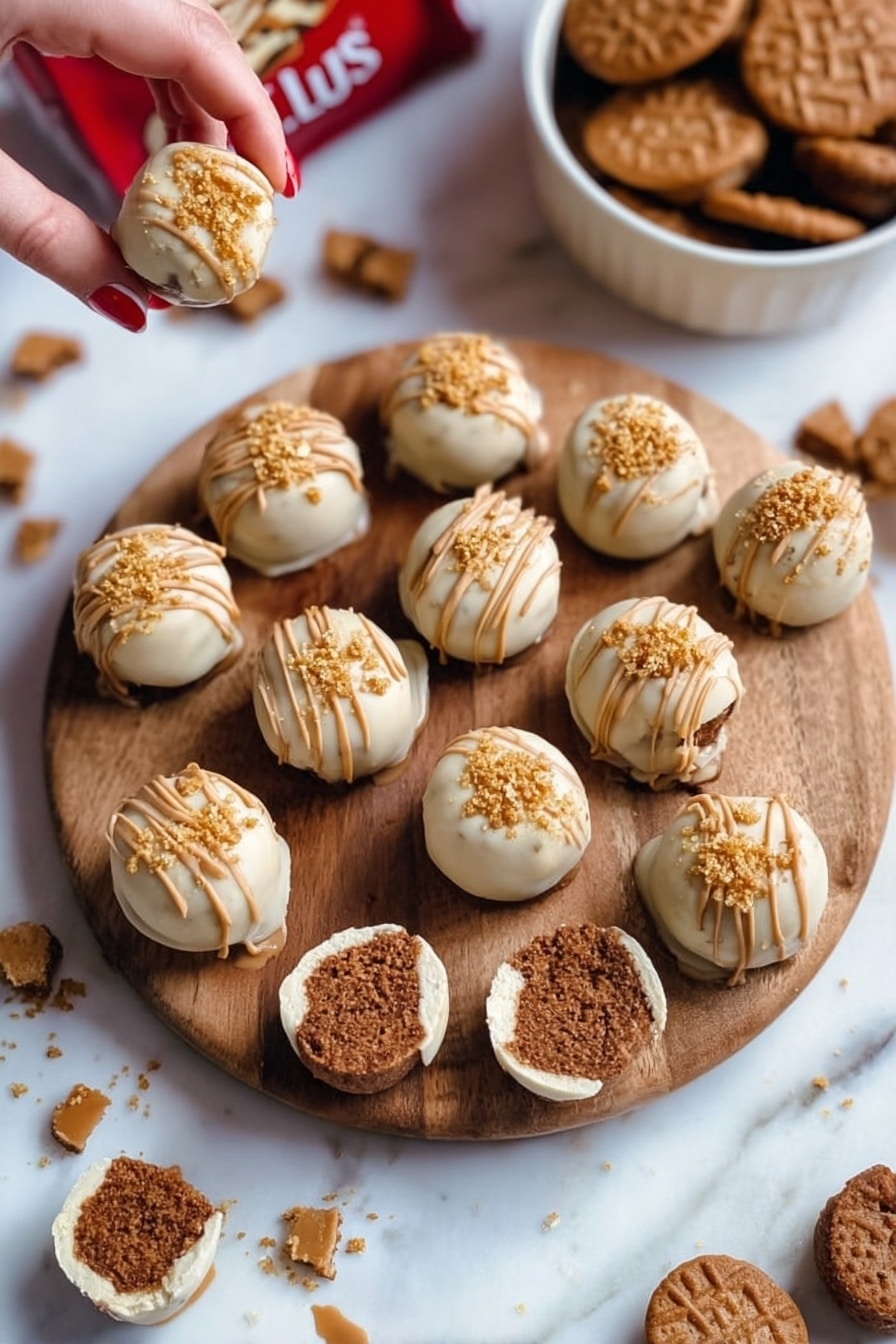 The image shows many round dessert balls on a wooden board, covered with a light cream-colored outer layer and drizzled with a brown sauce on top. Each ball has a crunchy crumb sprinkle over the drizzle. Inside, the balls have a soft, light brown center that looks smooth and dense. Two of the balls are cut in half, showing the inner soft layer. One ball in the front has a bite taken out, revealing the layers clearly with crumbs around it. The background is a white marbled surface with some crumbs scattered around. In the background, there is a white bowl with two brown cookies inside and a blurred red package. Photo taken with an iphone --ar 2:3 --v 7 - Biscoff Truffles with White Chocolate Coating, Biscoff Truffles, White Chocolate Cookie Truffles, No-Bake Biscoff Candy, Easy Biscoff Dessert