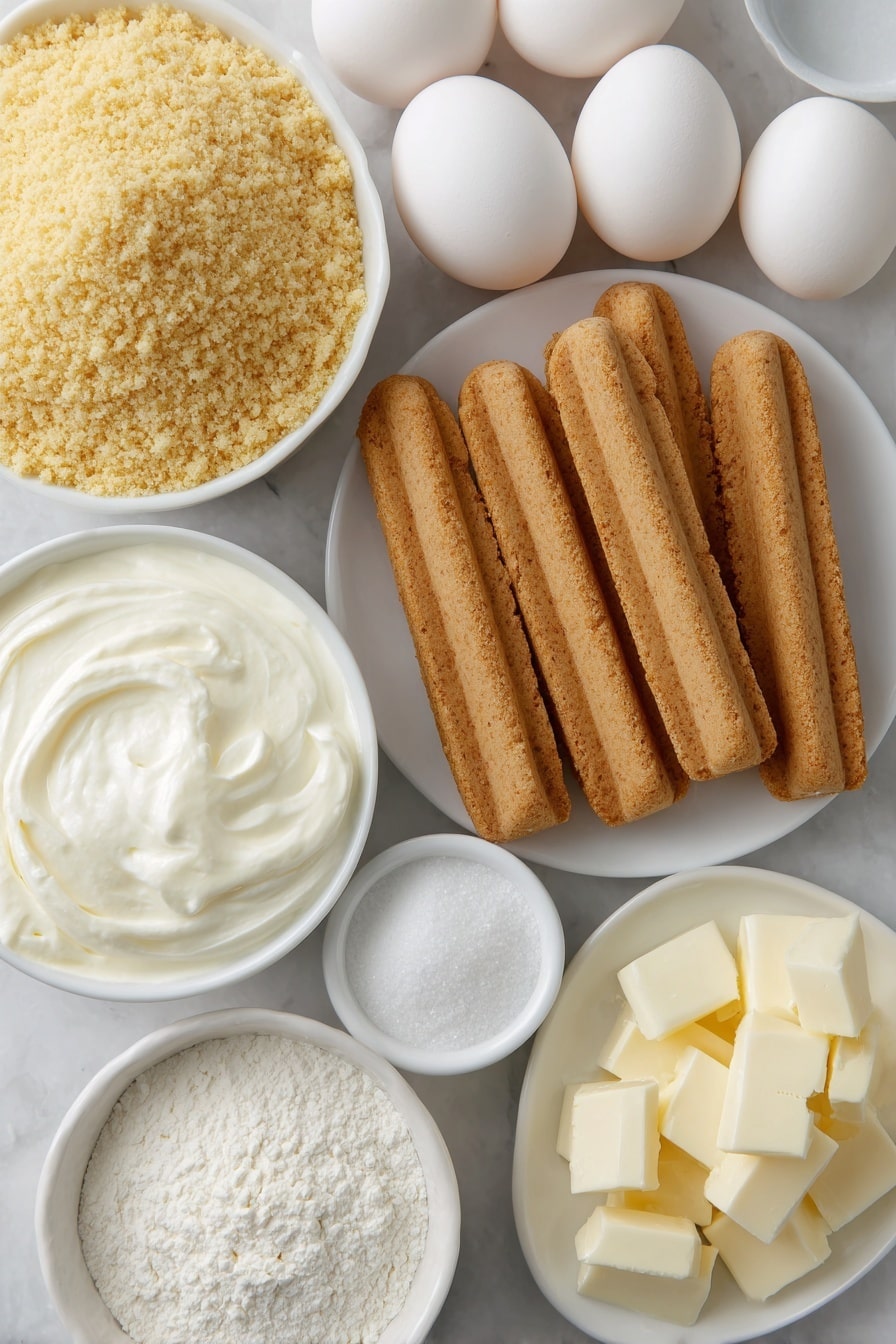 Flat lay of finely crushed golden Oreo crumbs in a small white ceramic bowl, a few rectangular Little Debbie Christmas Tree Cakes arranged neatly on a white plate, four large whole eggs with clean shells placed symmetrically, a small white bowl holding smooth white cream cheese, a small white bowl filled with granulated sugar, a small white bowl with all-purpose flour, a small white bowl of rich sour cream, another small white bowl with heavy cream, small chunks of fresh white chocolate on a simple white dish, a small white bowl containing vivid red decorating icing, and a small white bowl with bright green sprinkles, all ingredients fresh and natural, arranged with perfect symmetry and balanced proportions, placed on a clean white marble surface, soft natural light, photo taken with an iPhone, professional food photography style, fresh ingredients, white ceramic bowls, no bottles, no duplicates, no utensils, no packaging --ar 2:3 --v 7 --p m7354615311229779997 - Christmas Tree Cheesecake with Little Debbie Cakes, festive cheesecake recipes, holiday dessert ideas, Christmas cake with Little Debbie, easy Christmas dessert