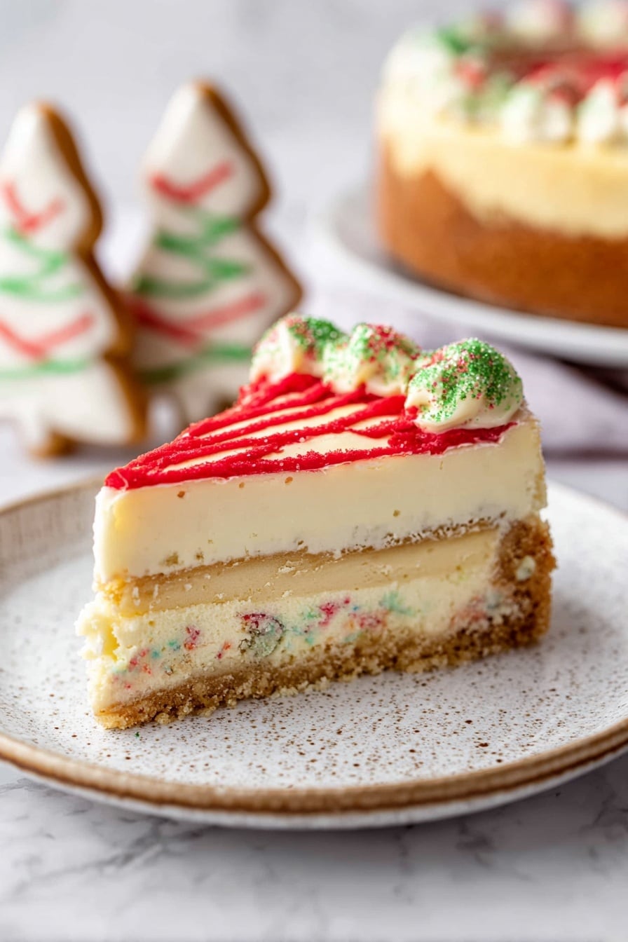 A round cake with a light green top layer, covered with thin wavy red lines evenly spaced across the surface. Small green sprinkles are scattered over the entire top. The cake has a single slice removed, showing a light brown crust at the bottom and the pale green layer above it. The cake sits on a white plate placed on a white marbled surface. A woman's hand is gently holding the edge of the missing slice. Photo taken with an iphone --ar 2:3 --v 7 - Christmas Tree Cheesecake with Little Debbie Cakes, festive cheesecake recipes, holiday dessert ideas, Christmas cake with Little Debbie, easy Christmas dessert