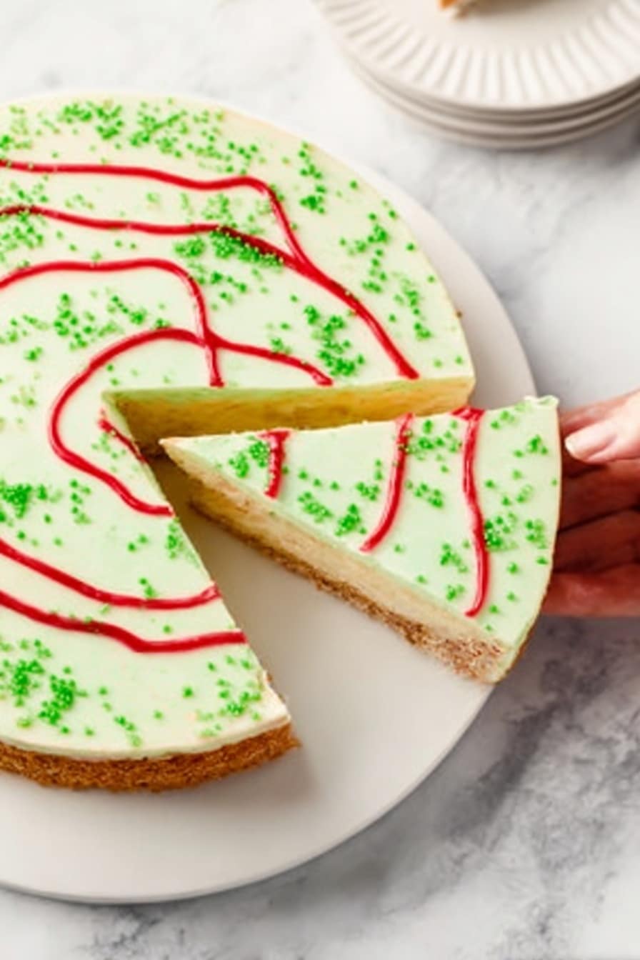 A slice of layered cheesecake sits on a white speckled plate with a textured rim, placed on a white marbled surface. The cheesecake has three main layers: a bottom thin golden brown crust, a middle light beige cake-like layer with small colorful sprinkles, and a thick creamy off-white top layer. Bright red frosting lines curve along the top surface, accented with tiny green sprinkles. In the blurred background, two white Christmas tree-shaped cookies decorated with red and green icing stand upright behind the plate. Photo taken with an iphone --ar 2:3 --v 7 - Christmas Tree Cheesecake with Little Debbie Cakes, festive cheesecake recipes, holiday dessert ideas, Christmas cake with Little Debbie, easy Christmas dessert