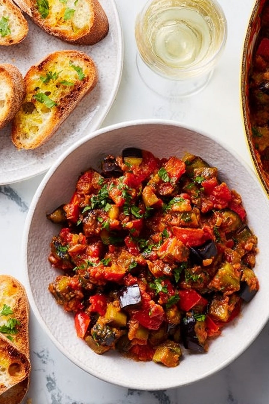 A white bowl filled with a colorful vegetable stew mainly made of small, chunky pieces of cooked eggplants, red bell peppers, and tomatoes, all mixed in a thick, red sauce with visible green herb bits sprinkled on top. To the bottom left, a white plate holds toasted bread topped with some of the same vegetable stew, showing golden brown toasted edges and pieces of the stew’s vegetables on it. Nearby, a clear glass partially filled with a light-colored drink sits on a white marbled surface, which serves as the background for the entire scene. photo taken with an iphone --ar 2:3 --v 7 - Eggplant Caponata, Mediterranean Eggplant Appetizer, Sicilian Eggplant Dish, Vegan Eggplant Snack, Tangy Eggplant Side Dish