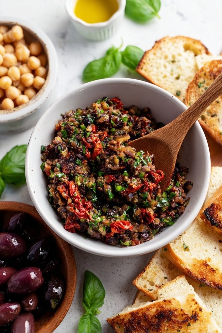 The dish is served in a white bowl filled with a chunky mix of black and green chopped olives, small pieces of red sun-dried tomatoes, and sprinkled with green herbs on top. A wooden spoon is partially placed inside the bowl, resting on the edge with some of the mix on it. Around the bowl, there is white flatbread, slices of toasted bread with a light golden brown crust, a small white bowl of chickpeas, and a wooden bowl with dark olives. Fresh green basil leaves are placed on a white marbled surface under everything. Photo taken with an iphone --ar 2:3 --v 7 - Easy Olive Tapenade, olive tapenade, homemade tapenade, Mediterranean dip, quick savory spread