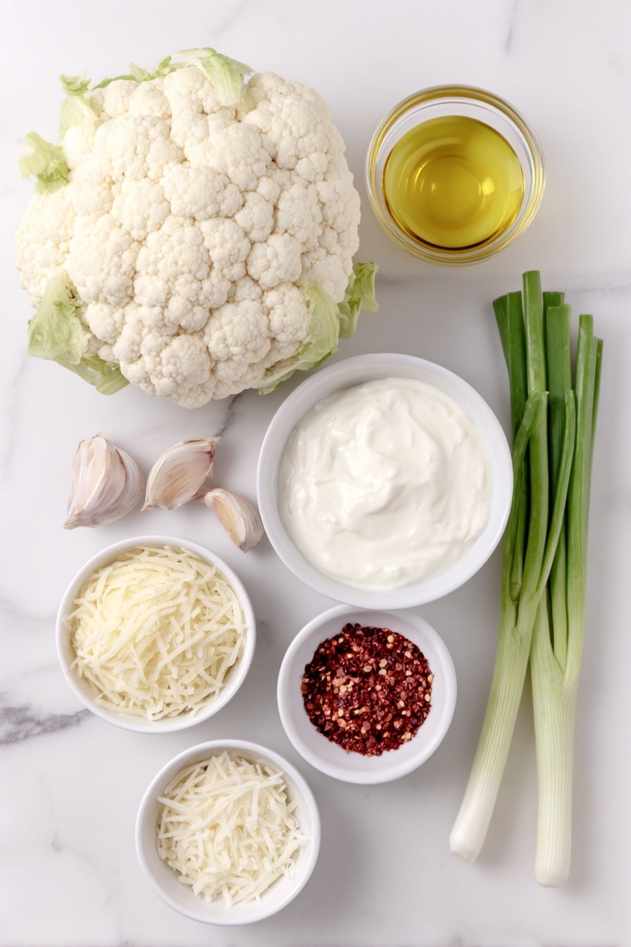 Flat lay of a head of fresh cauliflower cut into florets, a small white ceramic bowl of golden olive oil, four whole uncracked garlic cloves, a small white ceramic bowl of smooth cream cheese, a small white ceramic bowl of thick plain Greek yogurt, a small white ceramic bowl filled with grated Parmesan cheese, a small white ceramic bowl with shredded white cheddar cheese, a small white ceramic bowl of fine salt, a few vibrant green onion stalks, and a small white ceramic bowl containing bright red pepper flakes, all arranged symmetrically and balanced on a clean white marble surface, soft natural light, photo taken with an iPhone, professional food photography style, fresh ingredients, white ceramic bowls, no bottles, no duplicates, no utensils, no packaging --ar 2:3 --v 7 --p m7354615311229779997 - Cheesy Roasted Cauliflower Dip, cheesy cauliflower dip, roasted cauliflower appetizer, healthy cauliflower dip, creamy vegetable dip