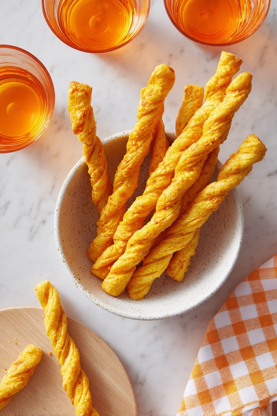 A small white speckled bowl filled with golden yellow twisted fried dough sticks, with one twisted stick and a small piece resting on a light wooden surface next to the bowl, two glasses with orange liquid partially in frame at the top left and right, and a white and orange checked cloth at the bottom right corner, all set against a white marbled background photo taken with an iphone --ar 2:3 --v 7 - Cheese Straws crispy snacks, savory cheese snacks, cheesy appetizer ideas, easy cheese snack recipe, homemade cheese straws