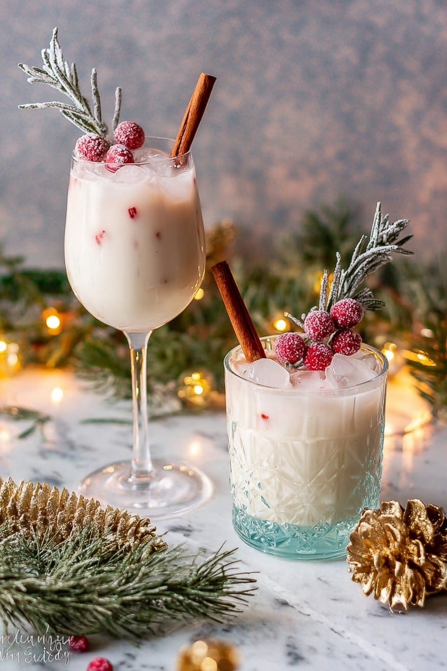 Two glasses filled with a white creamy drink topped with clear ice cubes are set on a white marbled surface. Each drink is decorated with a red cinnamon stick, a small bunch of frosted red cranberries, and a sprig of green rosemary frosted with white. The glass on the left is tall with a long stem, while the glass on the right is shorter and wider with a textured pattern. Around the drinks are green pine branches, a brown pinecone, golden dried plants, and soft yellow fairy lights glowing softly in the background. photo taken with an iphone --ar 2:3 --v 7 - Venezuelan Ponche Crema Eggnog, Venezuelan Ponche Crema, Eggnog recipe with rum, Festive holiday eggnog, Creamy Venezuelan drink