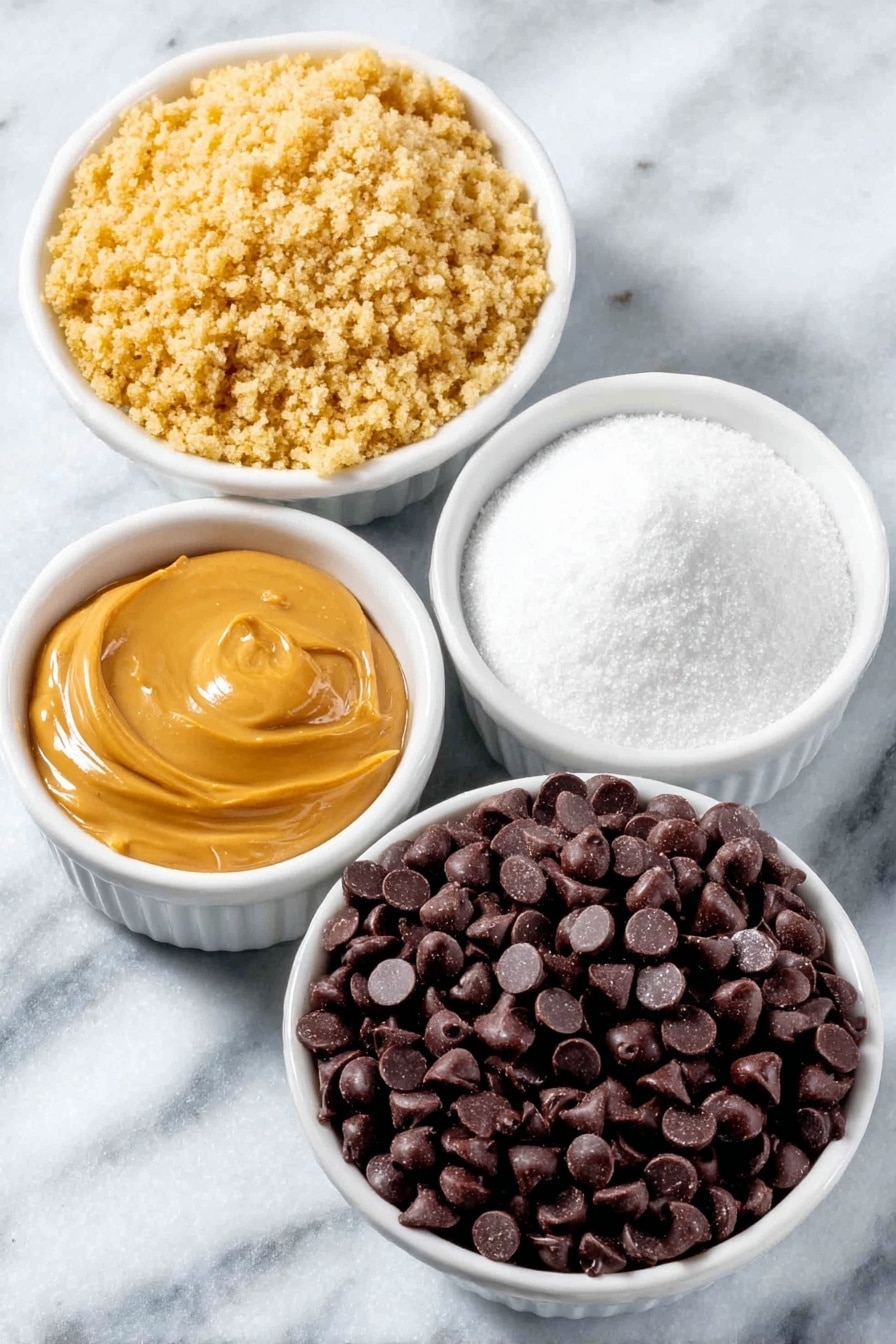 Flat lay of a small white ceramic bowl of melted golden salted butter, a neat pile of golden brown graham cracker crumbs, a small white ceramic bowl filled with fine white confectioners’ sugar, a dollop of smooth creamy peanut butter placed directly on the surface, and a small white ceramic bowl overflowing with glossy semi-sweet chocolate chips, all arranged with perfect symmetry and balanced proportions, placed on a clean white marble surface, soft natural light, photo taken with an iPhone, professional food photography style, fresh ingredients, white ceramic bowls, no bottles, no duplicates, no utensils, no packaging --ar 2:3 --v 7 --p m7354615311229779997 - No-Bake Chocolate Peanut Butter Bars, quick peanut butter chocolate bars, easy no-bake dessert, peanut butter chocolate treats, simple no-bake recipes