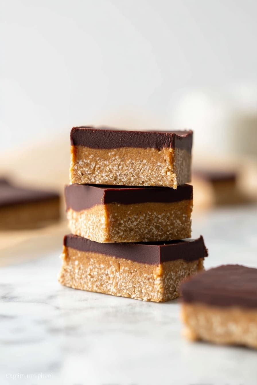 The image shows four rectangular bars stacked on a white marbled surface, each bar having two layers: a thick bottom layer that is light brown and textured like peanut butter or a nut-based mixture, and a thinner top layer that is dark brown and smooth like chocolate. The bars are closely arranged with two bars lying flat at the bottom and two bars stacked above them. The background is softly blurred with light colors, making the bars the main focus. Photo taken with an iphone --ar 2:3 --v 7 - No-Bake Chocolate Peanut Butter Bars, quick peanut butter chocolate bars, easy no-bake dessert, peanut butter chocolate treats, simple no-bake recipes