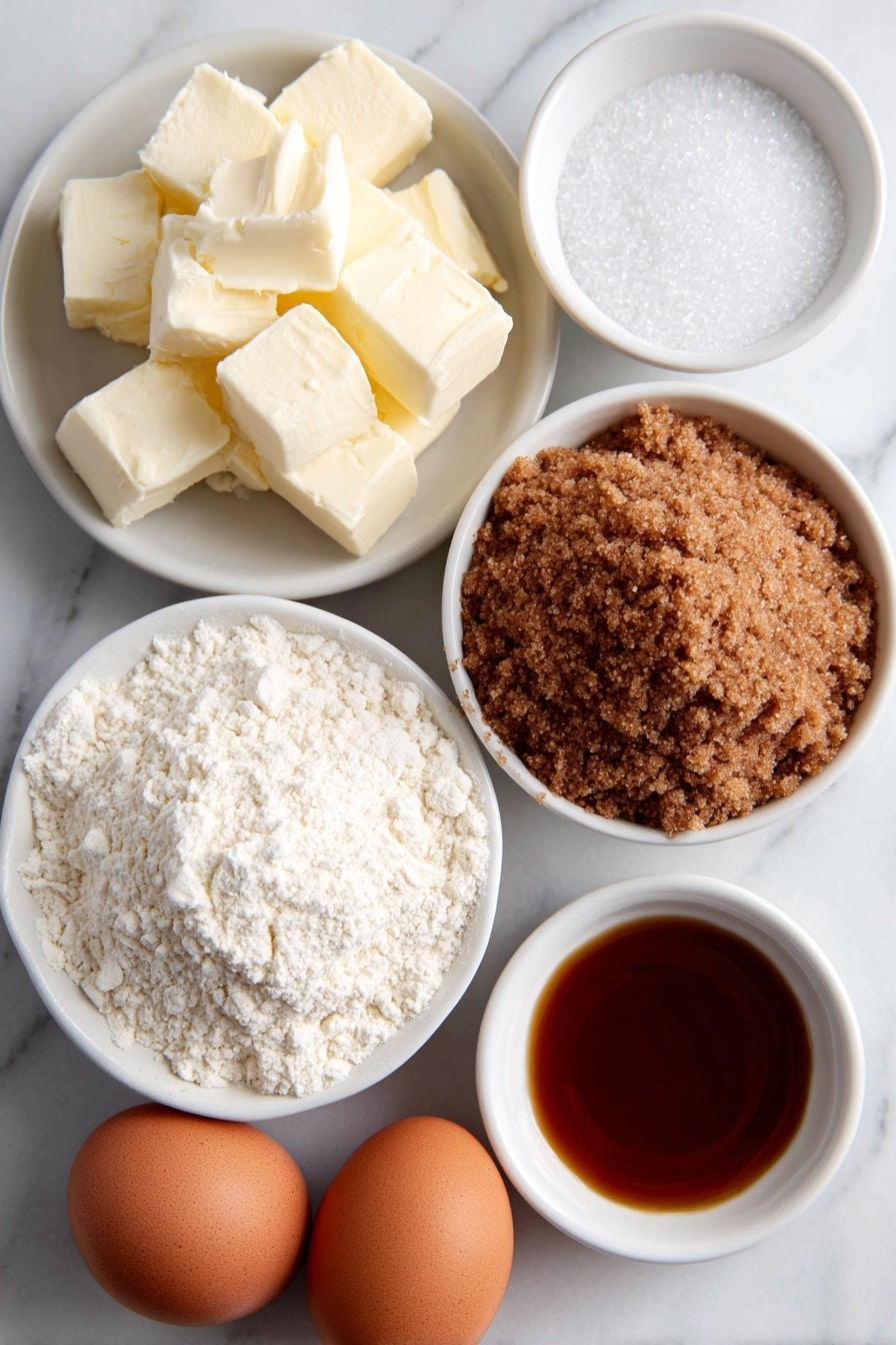 Flat lay of softened golden butter portions, a small heap of sparkling white granulated sugar, a compact mound of moist light brown sugar, one large whole brown egg with a smooth shell, a small white bowl with clear vanilla extract, a neat pile of fine all-purpose flour, a pinch of coarse sea salt crystals, a small white bowl of powdered sugar, a small white bowl filled with amber Captain Morgan Spiced Rum, a tiny mound of freshly grated nutmeg, all arranged symmetrically on a simple white ceramic plate and bowls, placed on a clean white marble surface, soft natural light, photo taken with an iPhone, professional food photography style, fresh ingredients, white ceramic bowls, no bottles, no duplicates, no utensils, no packaging --ar 2:3 --v 7 --p m7354615311229779997 - Eggnog Thumbprint Cookies, holiday eggnog cookies, festive thumbprint cookies, Christmas baking ideas, boozy eggnog cookies