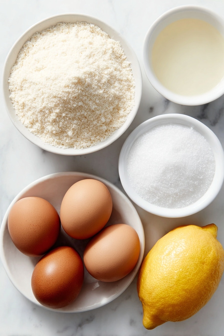 Flat lay of a small mound of finely ground almond flour on a simple white ceramic plate, a neat pile of granulated sugar in a white ceramic bowl, a fresh whole lemon with a small pile of bright yellow lemon zest beside it on a white plate, three whole uncracked brown eggs carefully arranged on a plain white ceramic dish, a small white ceramic bowl containing clear almond extract liquid, and a white ceramic dinner plate sprinkled with granulated sugar, all placed on a clean white marble surface, soft natural light, photo taken with an iPhone, professional food photography style, fresh ingredients, white ceramic bowls, no bottles, no duplicates, no utensils, no packaging --ar 2:3 --v 7 --p m7354615311229779997 - Soft Amaretti Cookies, almond cookies, chewy amaretti recipe, homemade almond cookies, Italian amaretti treats