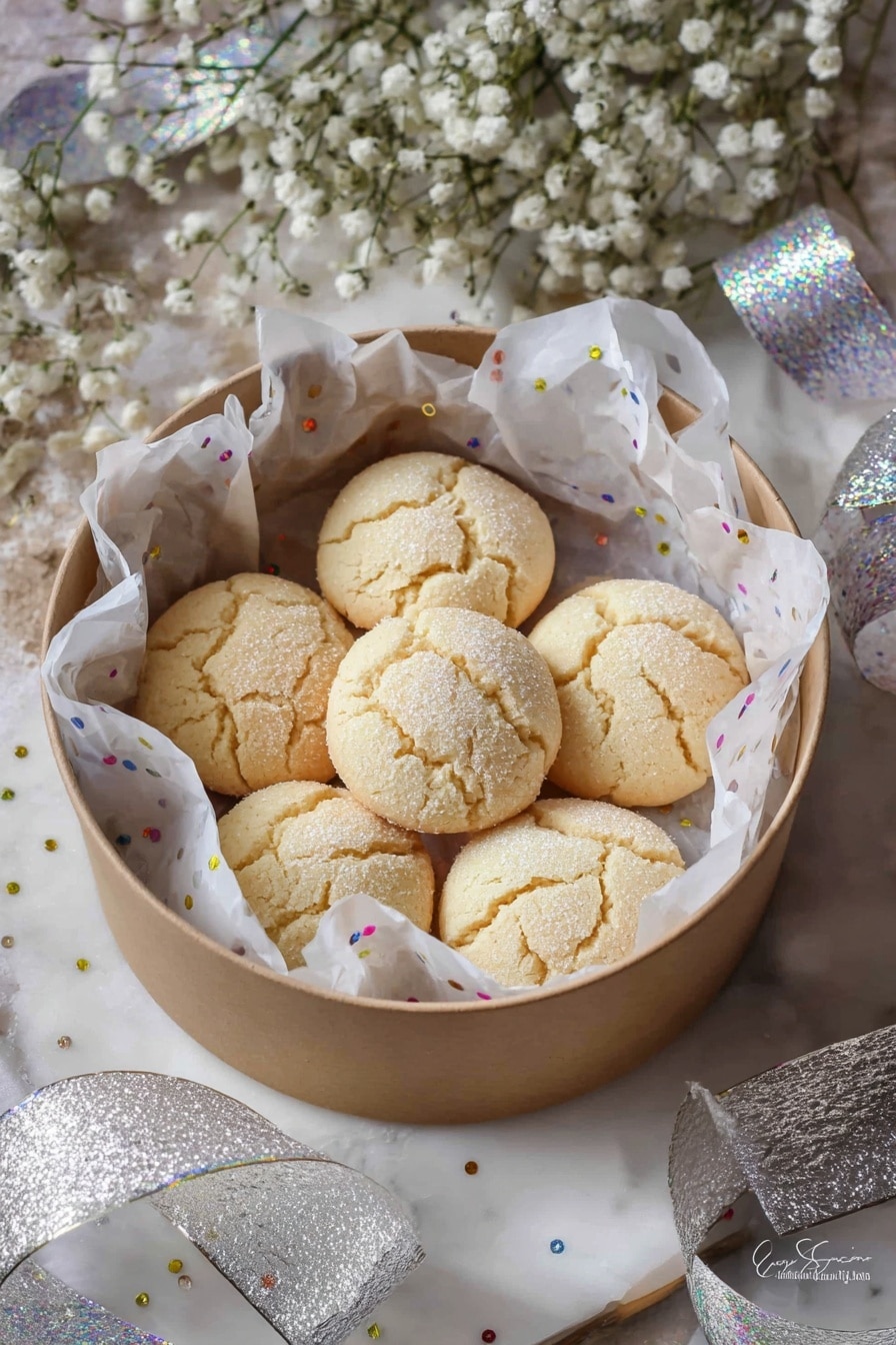 There is a round, light brown cardboard box filled with seven pale yellow cookies that have a cracked surface and a coating of sugar, placed on white tissue paper with small colorful dots inside the box. The box is set on a white marbled surface decorated with delicate white baby's breath flowers and shiny silver and holographic ribbons. The overall scene feels soft and festive with a light natural color theme. photo taken with an iphone --ar 2:3 --v 7 - Soft Amaretti Cookies, almond cookies, chewy amaretti recipe, homemade almond cookies, Italian amaretti treats