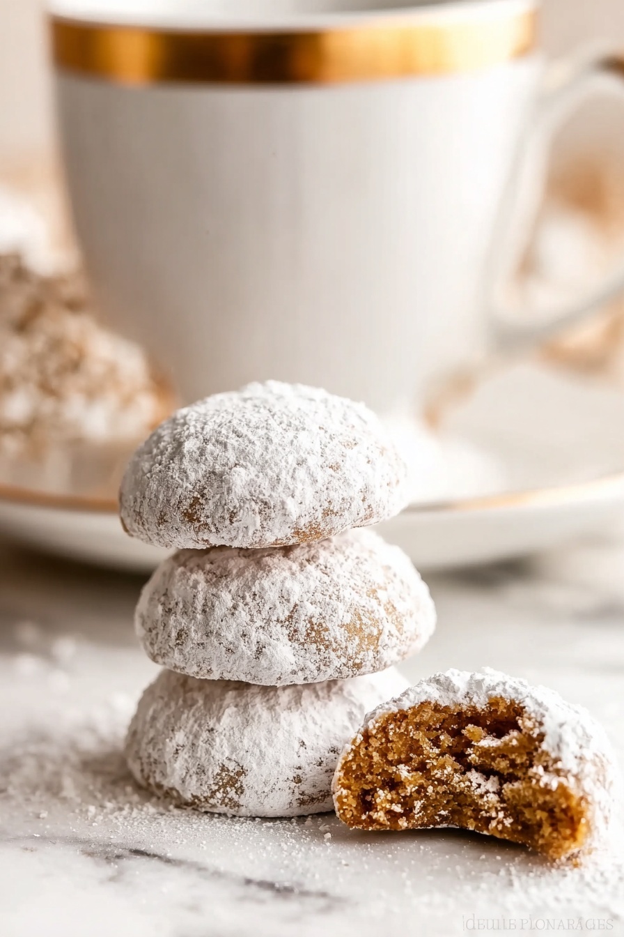 The image shows a stack of three small round cookies covered with white powdered sugar on a white marbled surface. Next to the stack is a cookie with a bite taken out, showing a soft brown inside. In the background, there is a large white cup with a gold rim, slightly blurred to keep focus on the cookies in the front. The overall colors are warm with soft lighting that highlights the powdered sugar and the texture of the cookies. Photo taken with an iphone --ar 2:3 --v 7 - Pfeffernüsse Holiday Spiced Cookies, holiday cookies with warm spices, German spiced cookie recipe, peppermint gingerbread cookies, festive holiday treat